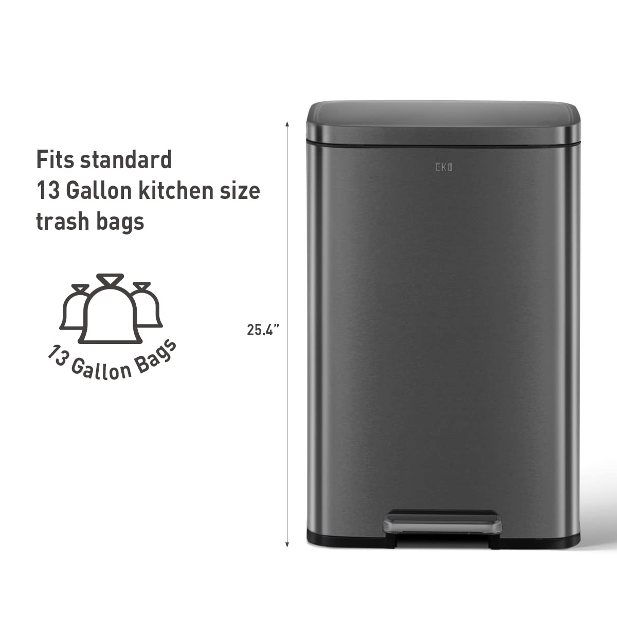 EKO Madison Matte Black 50 Liter/13.2 Gallon Step Trash Can with Inner Liner - Fingerprint Resistant Finish