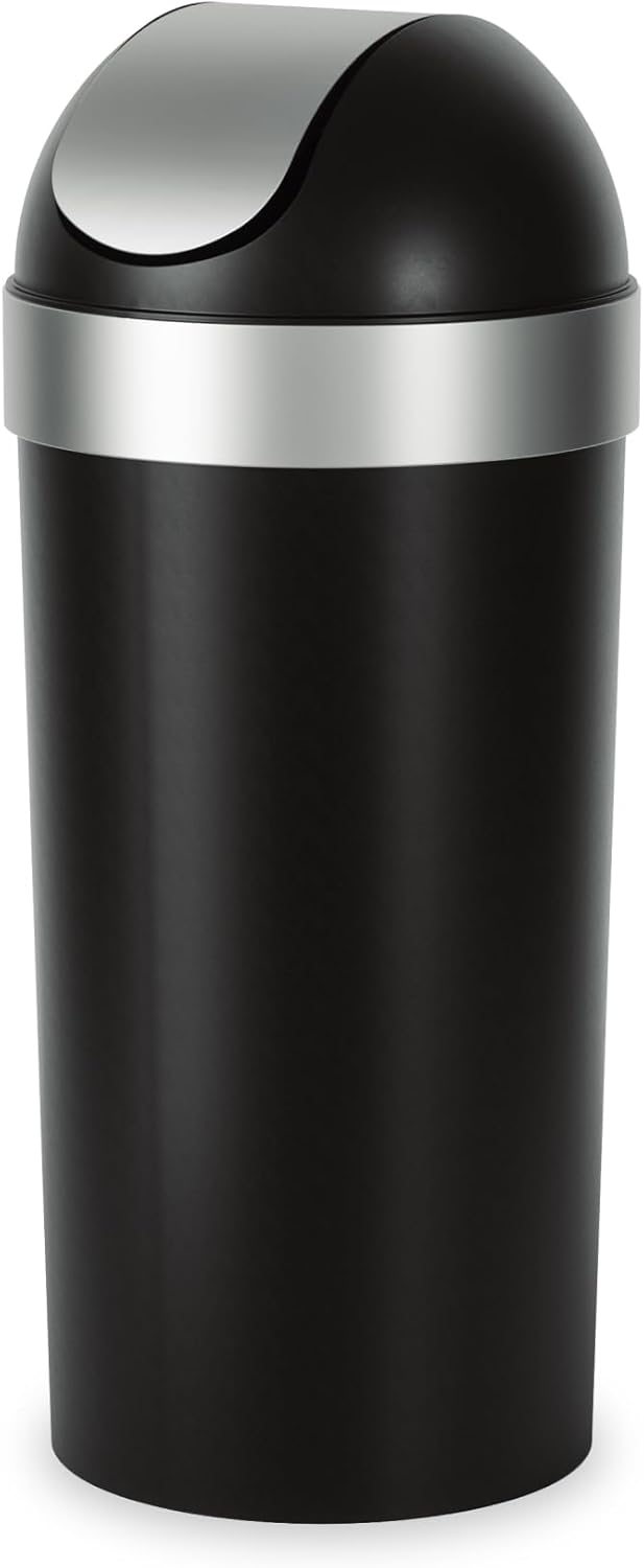 Umbra Vento Kitchen Trash Can with Open Top, Large 16-Gallon (62 L) Capacity, Black/Nickel