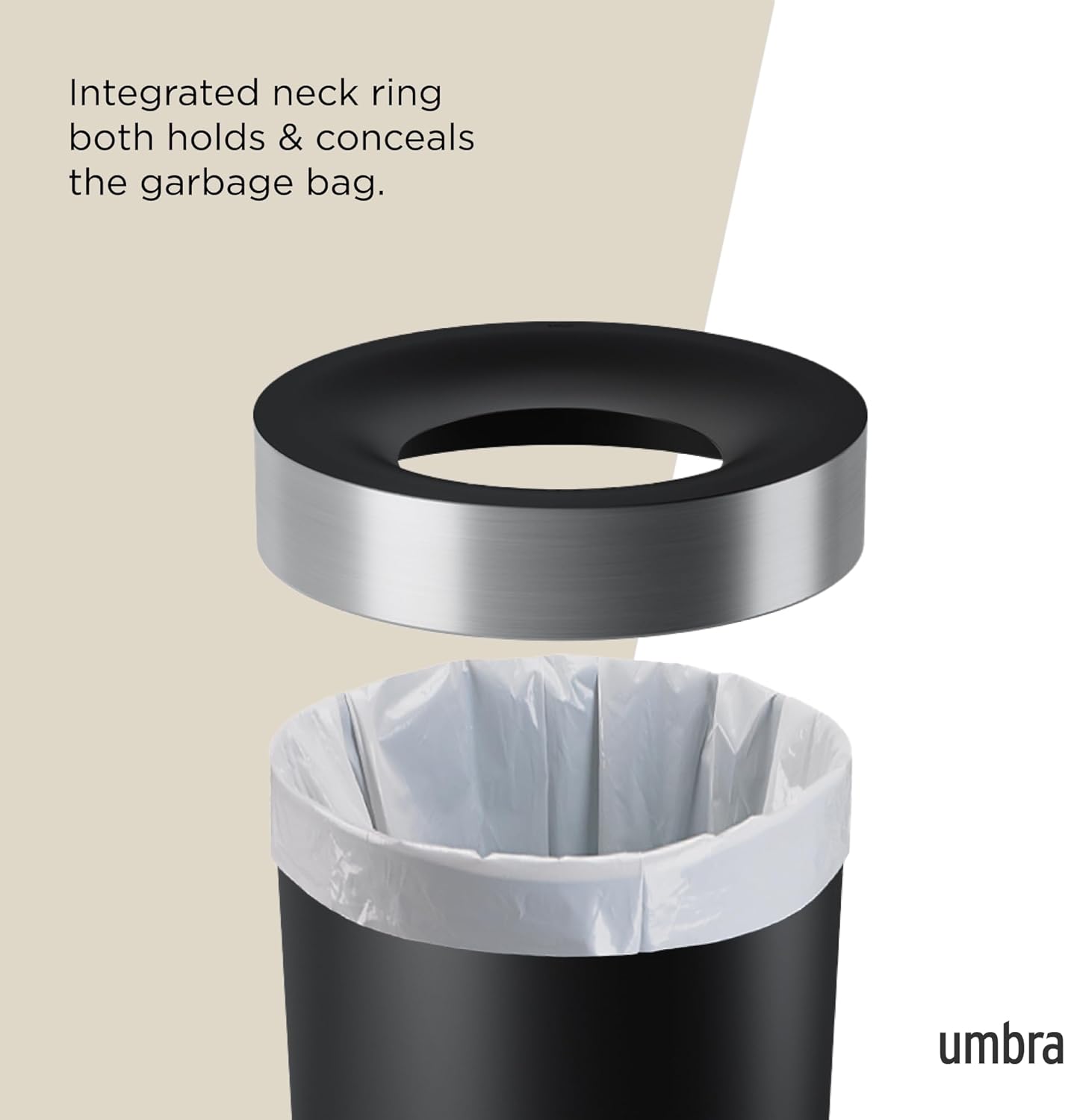 Umbra Vento Kitchen Trash Can with Open Top, Large 16-Gallon (62 L) Capacity, Black/Nickel