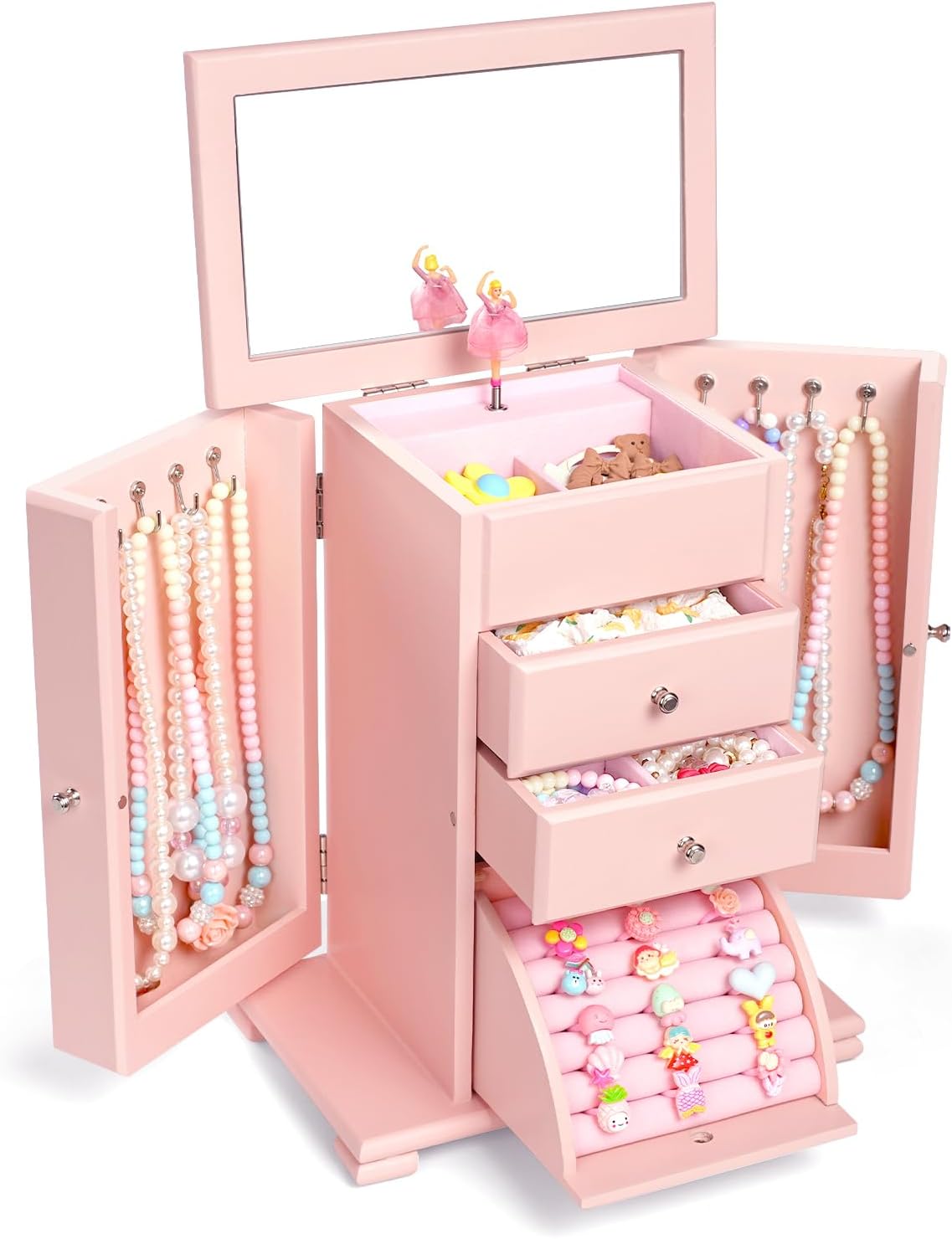 Emfogo Jewelry Box for Women, Rustic Wooden Jewelry Boxes & Organizers with Mirror, 4 Layer Jewelry Organizer Box Display for Rings Earrings Necklaces Bracelets (Rustic Brown)