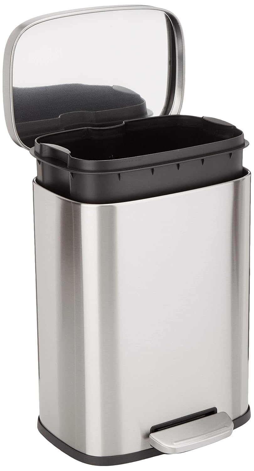 Amazon Basics Smudge Resistant Rectangular Trash Can With Soft-Close Foot Pedal, Brushed Stainless Steel, 30 litre/7.9 Gallon, Satin Nickel Finish, 13.8"L x 11.8"W x 25"H