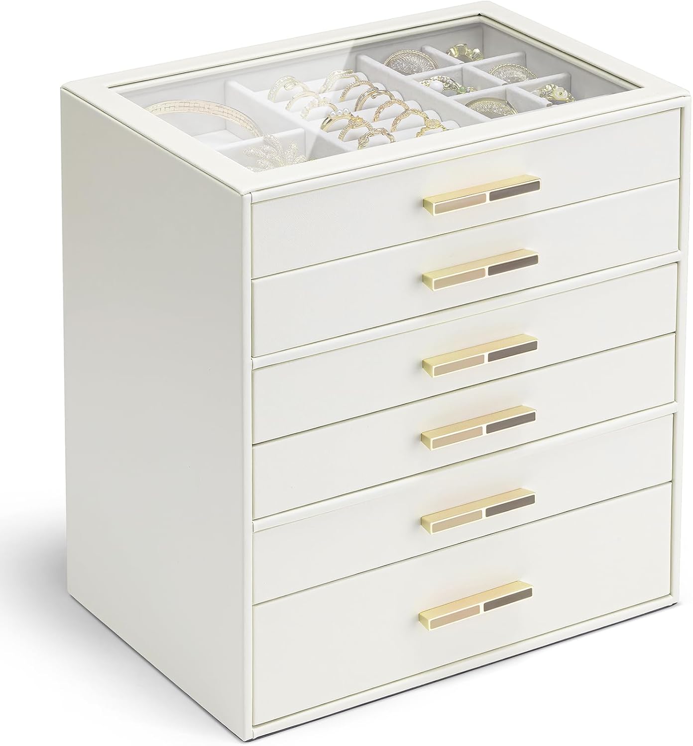 Vlando Jewelry Box for Women, Glass Lid Jewelry Organizer with 3 Drawers for Necklaces Rings Earrings Bracelets Mother Day Gift for Mom - Cloud White