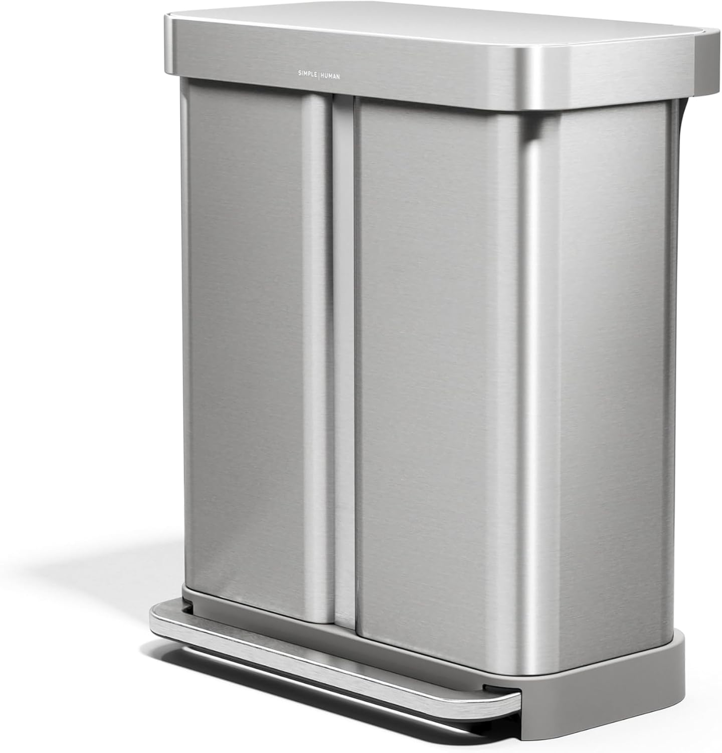 simplehuman 58 Liter / 15.3 Gallon Rectangular Dual Compartment Recycling Step, Brushed Stainless Steel with Soft-Close Plastic Lid Kitchen Trash Can