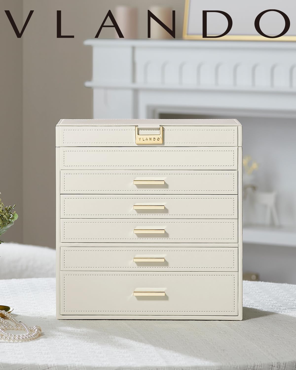 Vlando 6 Layer Large Jewelry Box - Jewelry Holder Organizer, Jewelry Box Organizer for Drawer Necklace Ring Bracelet and Watch, Birthday Gift for Loved Ones - Beige
