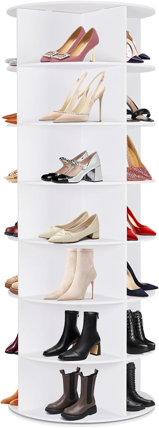 Rotating Shoe Rack Tower, 7 Tier 28 Pairs Large Shoe Storage Organizer, Space-Saving Free Standing Shoe Racks, 360° Revolving Round Shoe Rack for Closet Handbag Display, White