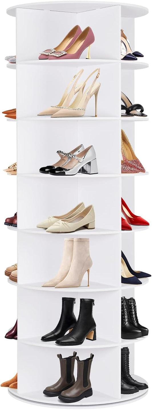 Rotating Shoe Rack Tower, 7 Tier 28 Pairs Large Shoe Storage Organizer, Space-Saving Free Standing Shoe Racks, 360° Revolving Round Shoe Rack for Closet Handbag Display, White