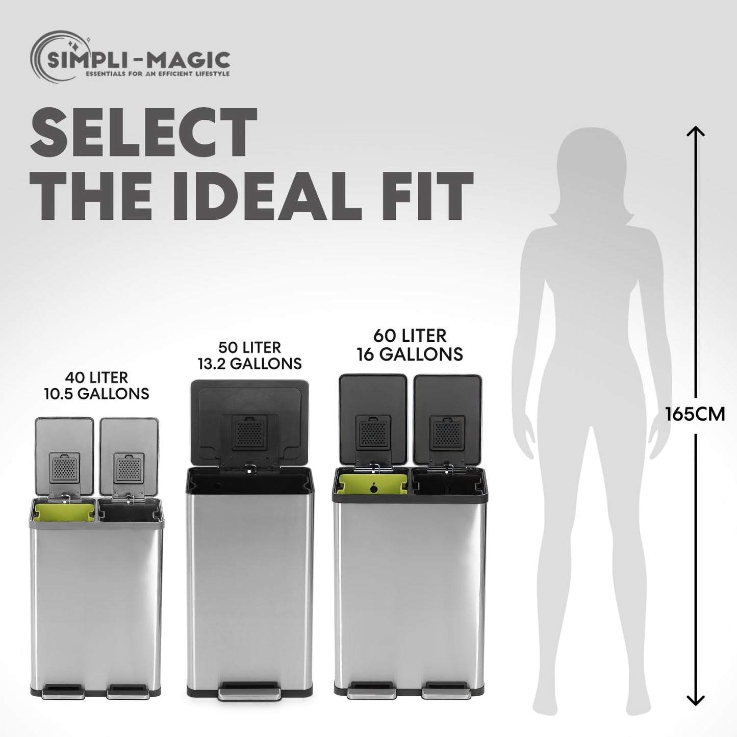 SIMPLI-MAGIC 50 Liter / 13.2 Gallon Soft-Close, Smudge Resistant Trash Can with Foot Pedal and Built in Filter- Stainless Steel, Sleek Finish