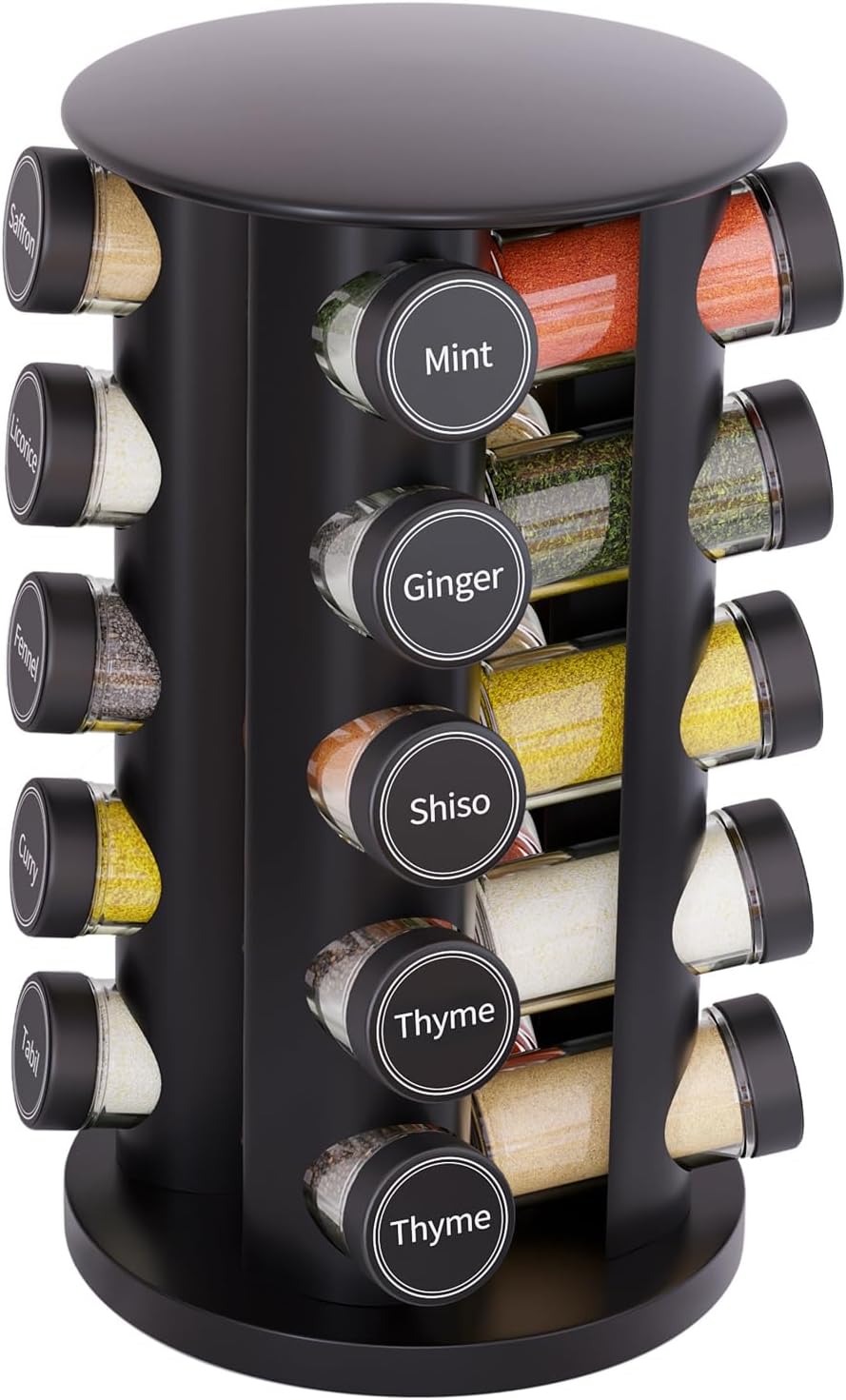 New England Stories Revolving Spice Rack Set with 20 Spice Jars, Kitchen Spice Tower Organizer for Countertop or Cabinet - Carousel Storage Includes 386 Spice Labels (Bamboo)