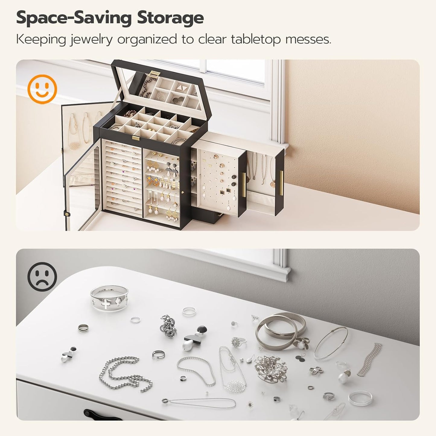 HOOBRO Jewelry Box with Mirror, Travel Jewelry Organizer with Glass Window, Vertical Storage, Christmas Gift, Gift for Loved Ones, for Earrings, Rings, Necklaces, Bracelets, Black BK03JB04G2