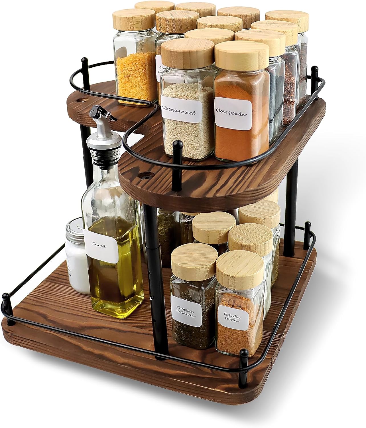 Acacia Wooden Spice Rack Organizer Lazy Susans Rotating Countertop 2 Tiered Display Shelf Kitchen Adjustable Height Spinning Spice Rack 11.8INCH Large Capacity