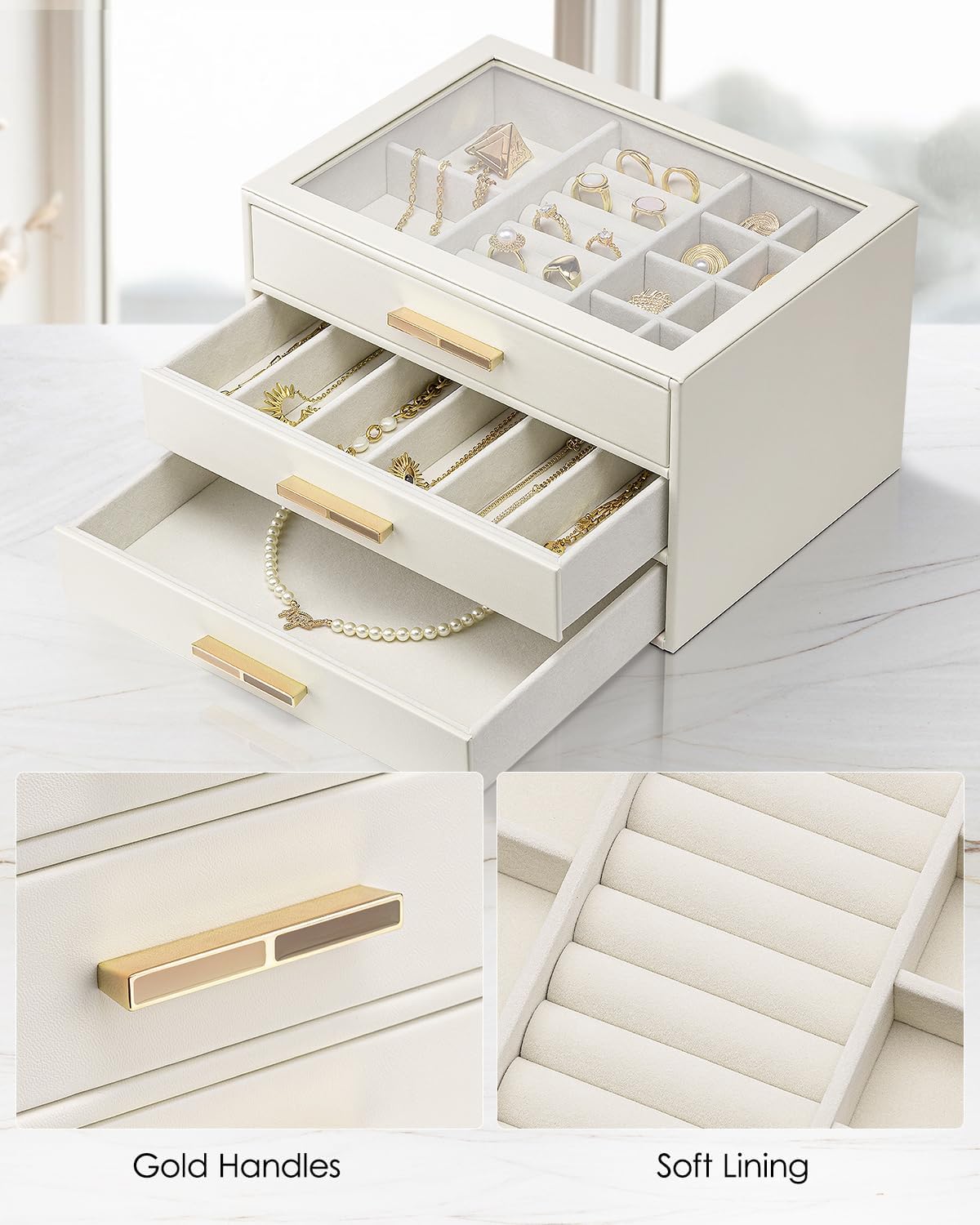 Vlando Jewelry Box for Women, Glass Lid Jewelry Organizer with 3 Drawers for Necklaces Rings Earrings Bracelets Mother Day Gift for Mom - Cloud White