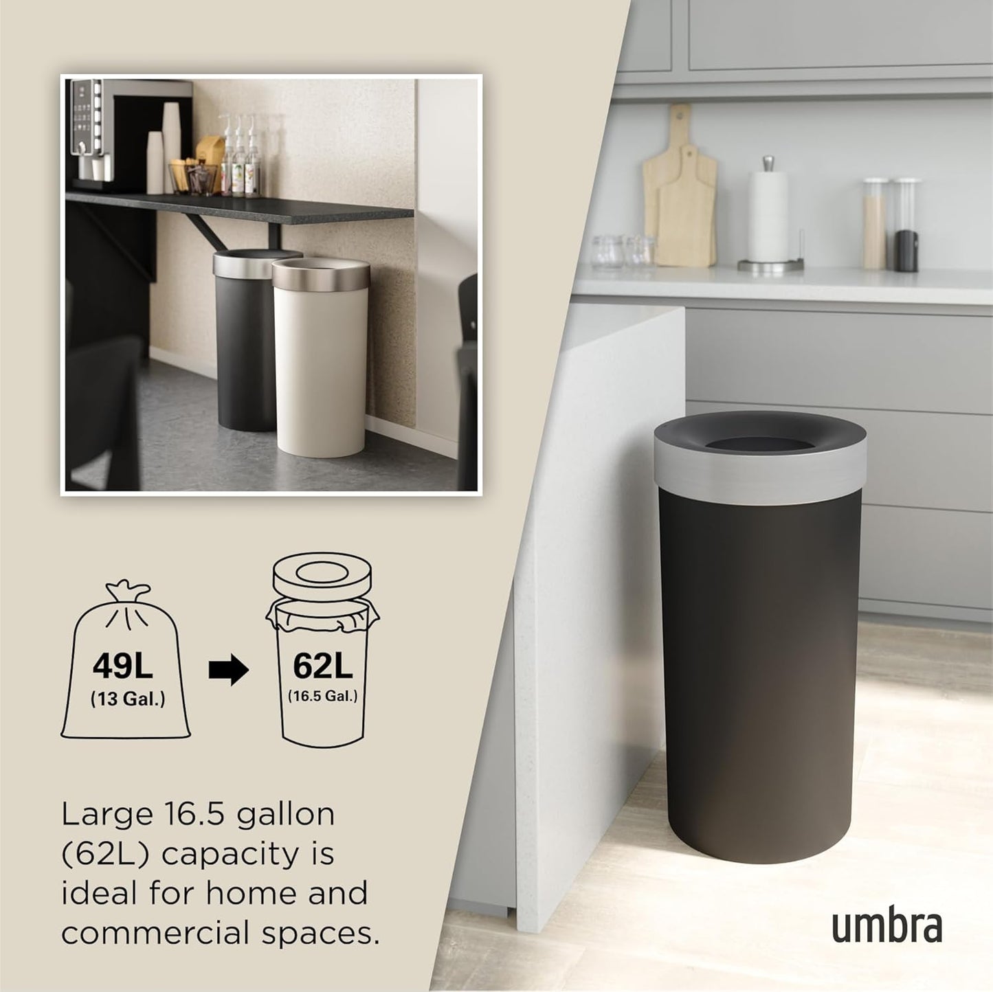 Umbra Vento Kitchen Trash Can with Open Top, Large 16-Gallon (62 L) Capacity, Black/Nickel