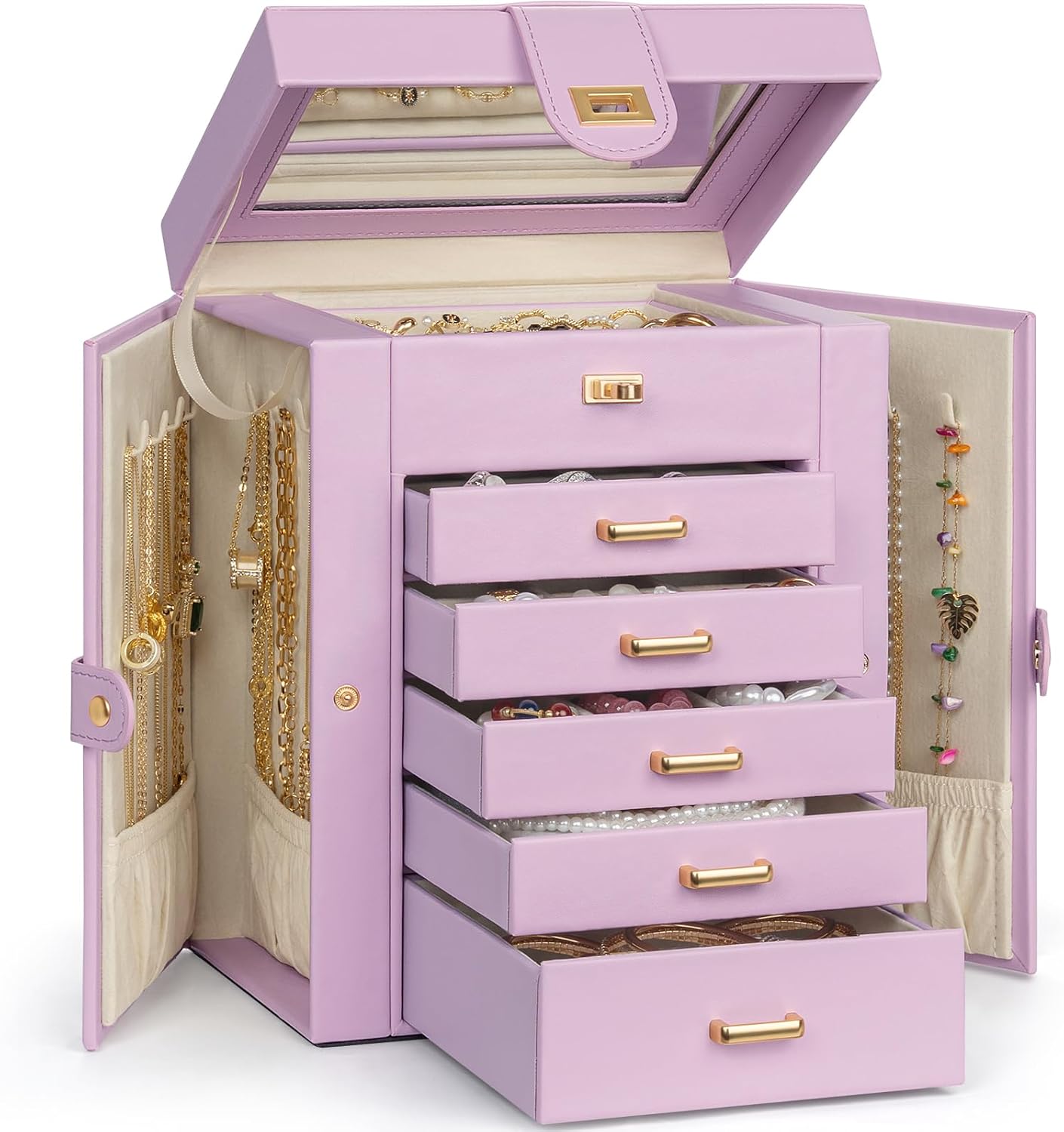 AKOZLIN Huge Jewelry Box Organizer Functional Lockable, Large Leather Jewelry Storage Case for Women Girls Ring Necklace Earring Bracelet Holder Organizer with Mirror