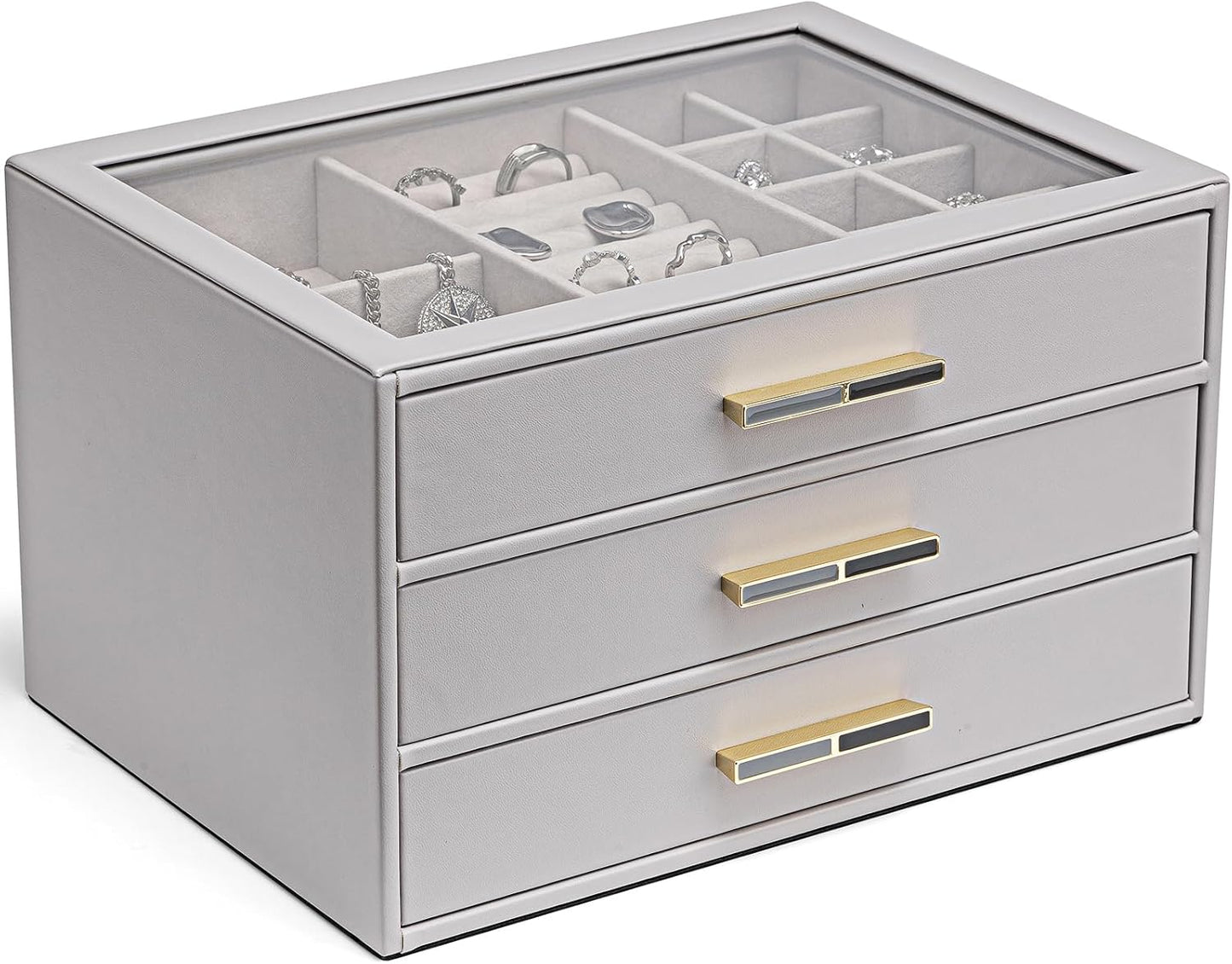 Vlando Jewelry Box for Women, Glass Lid Jewelry Organizer with 3 Drawers for Necklaces Rings Earrings Bracelets Mother Day Gift for Mom - Cloud White