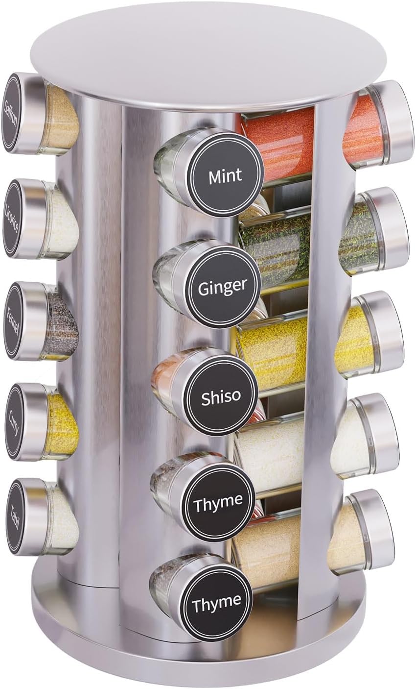 New England Stories Revolving Spice Rack Set with 20 Spice Jars, Kitchen Spice Tower Organizer for Countertop or Cabinet - Carousel Storage Includes 386 Spice Labels (Bamboo)