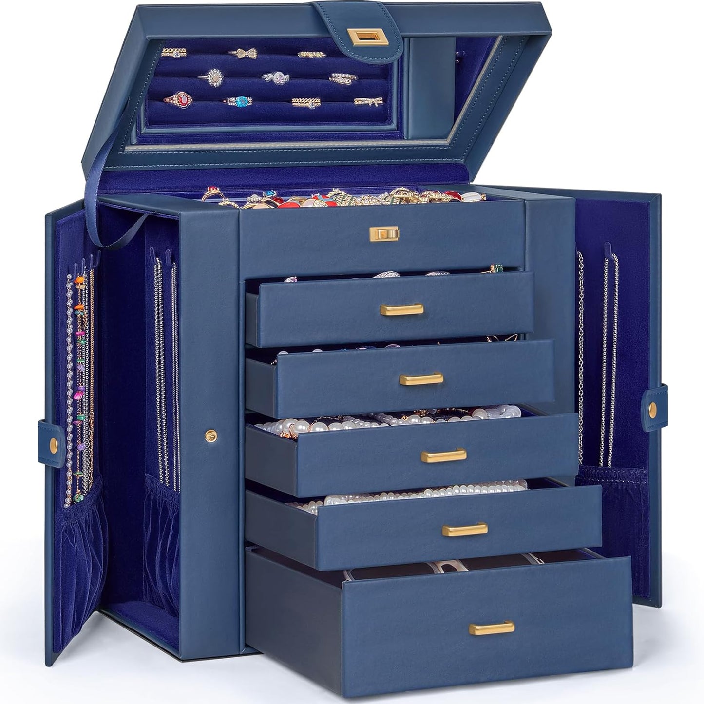 AKOZLIN Huge Jewelry Box Organizer Functional Lockable, Large Leather Jewelry Storage Case for Women Girls Ring Necklace Earring Bracelet Holder Organizer with Mirror