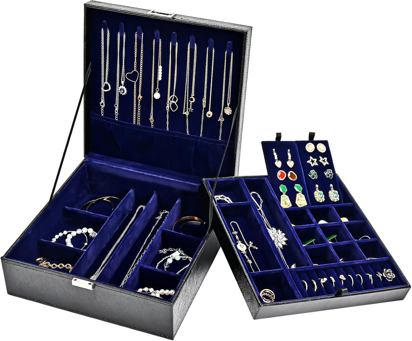 ProCase Jewelry Box for Women, 2 Layers Large Leather Jewelry Organizer Storage Case with Removable Pad for Earrings -Black