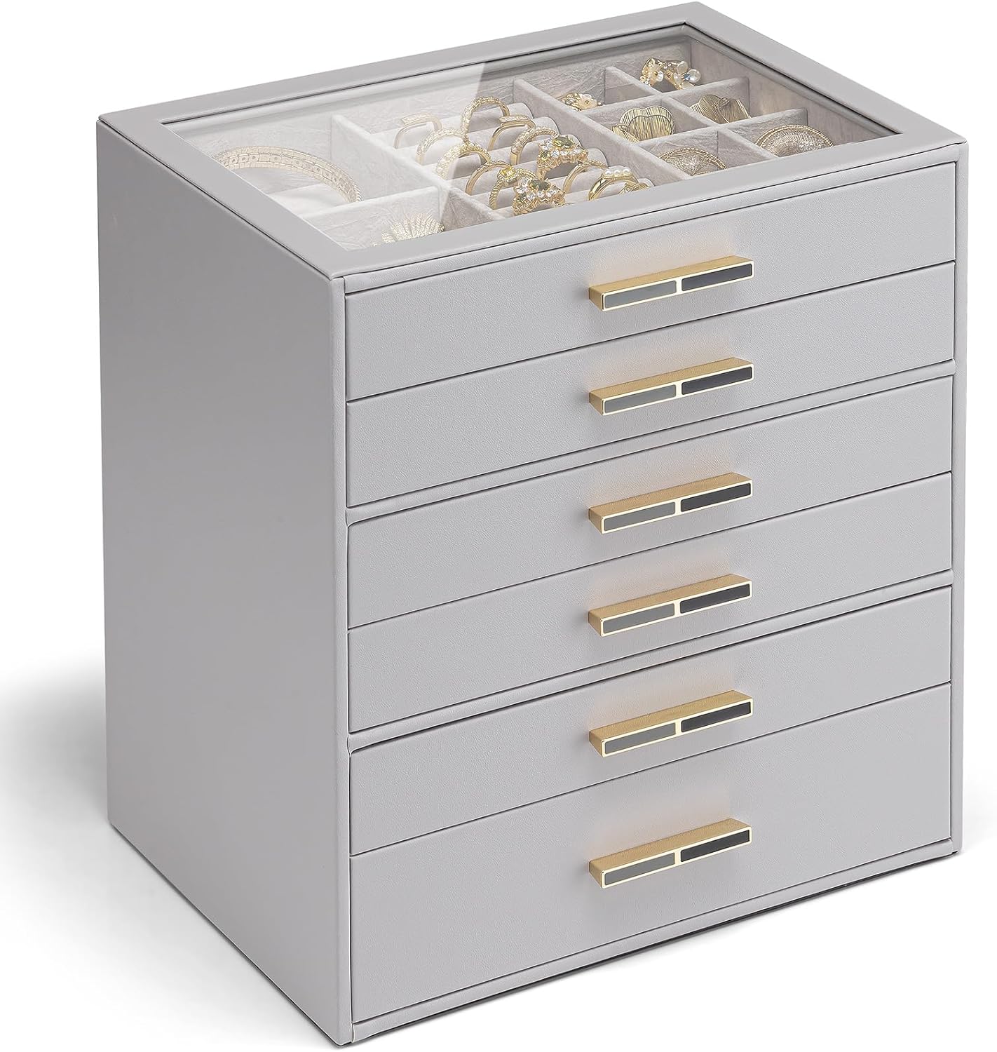 Vlando Jewelry Box for Women, Glass Lid Jewelry Organizer with 3 Drawers for Necklaces Rings Earrings Bracelets Mother Day Gift for Mom - Cloud White