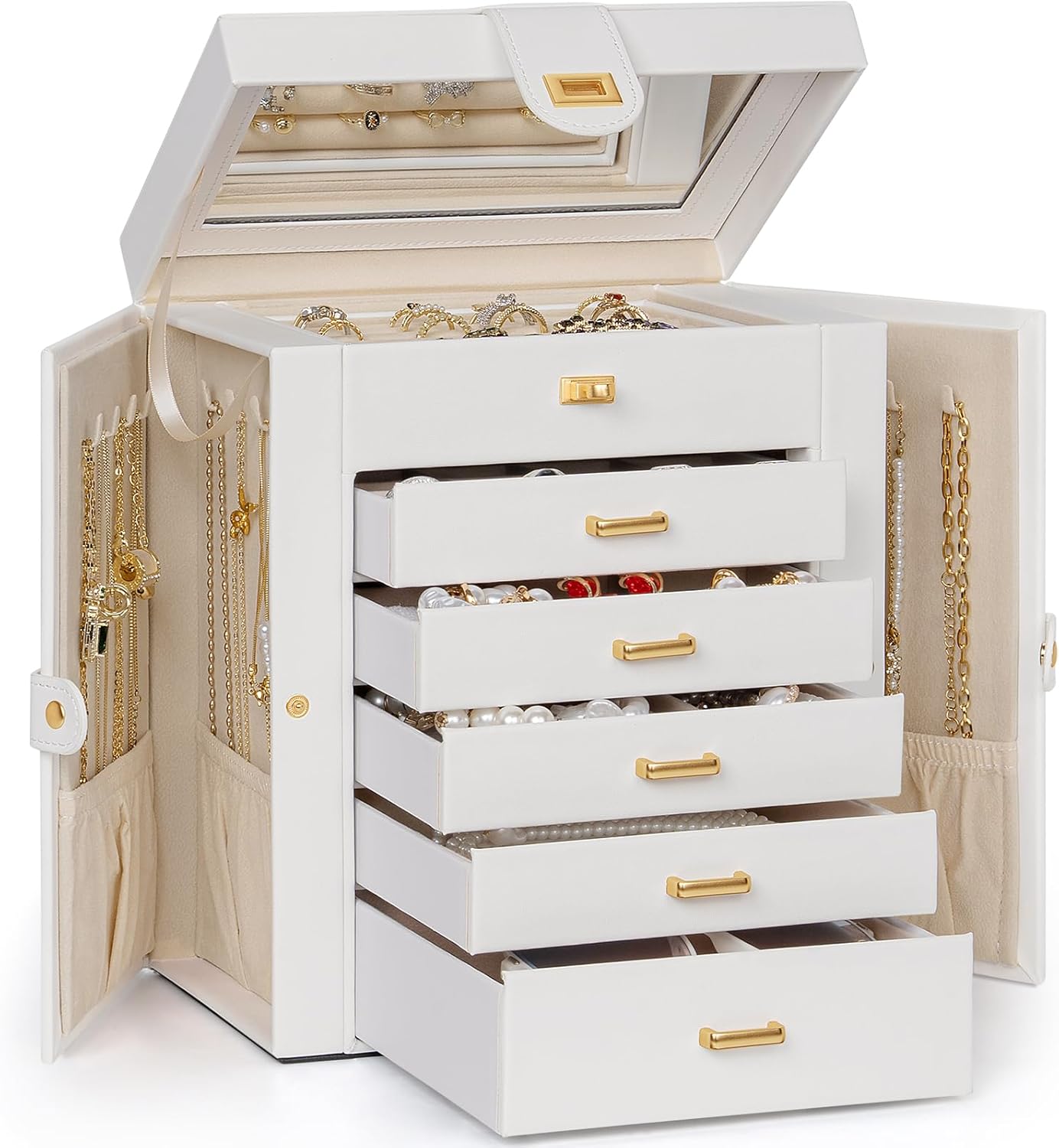 AKOZLIN Huge Jewelry Box Organizer Functional Lockable, Large Leather Jewelry Storage Case for Women Girls Ring Necklace Earring Bracelet Holder Organizer with Mirror