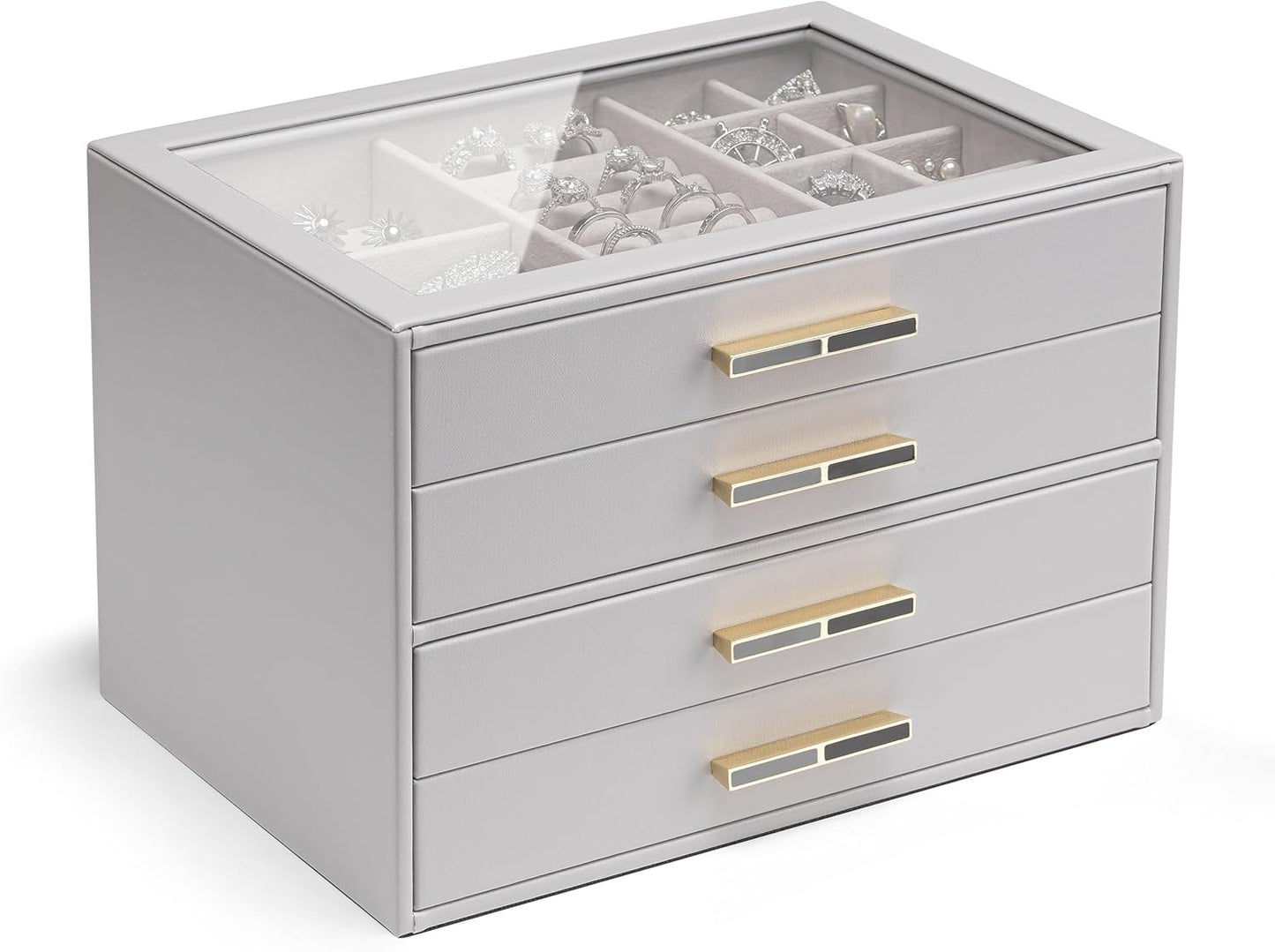 Vlando Jewelry Box for Women, Glass Lid Jewelry Organizer with 3 Drawers for Necklaces Rings Earrings Bracelets Mother Day Gift for Mom - Cloud White