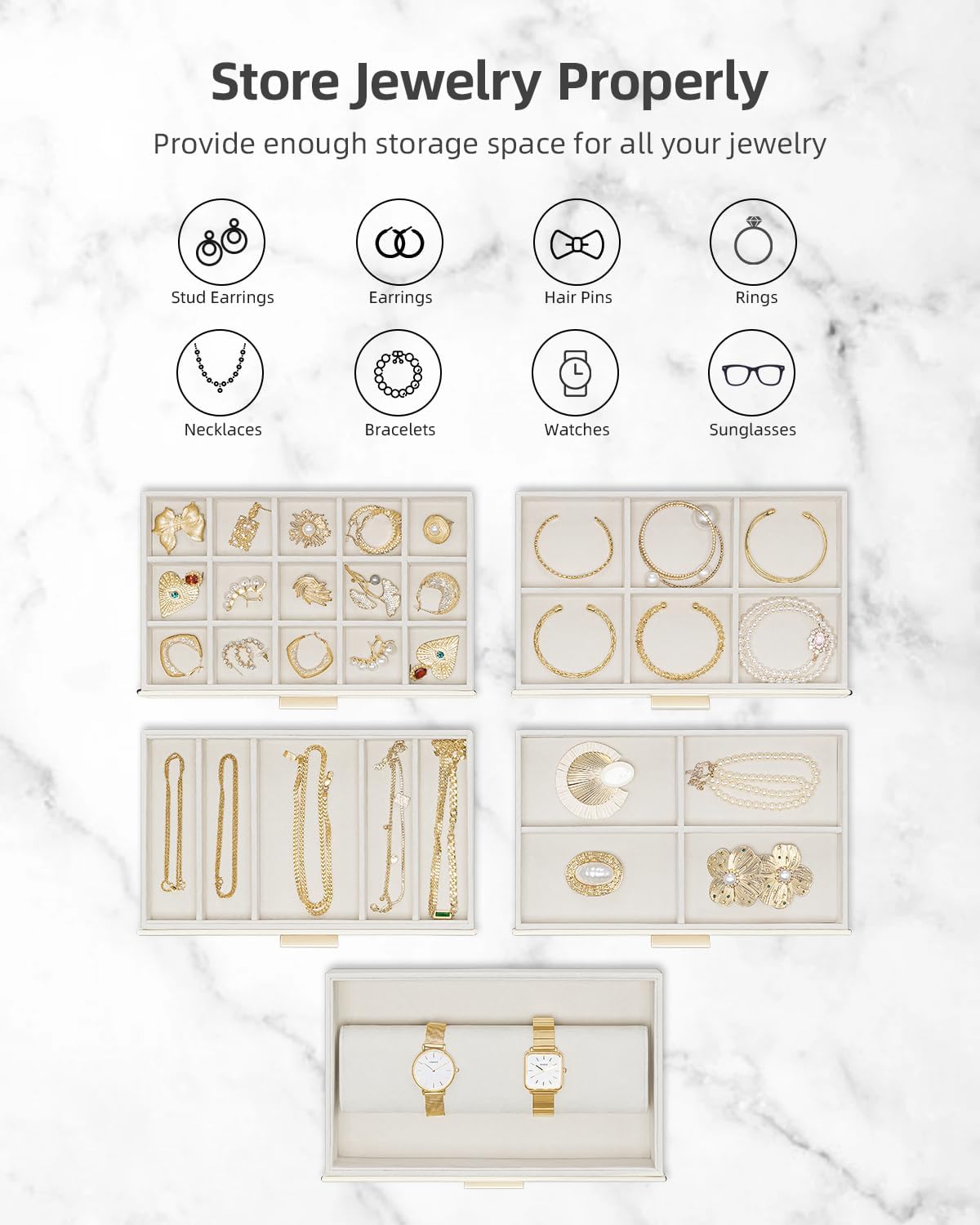 Vlando 6 Layer Large Jewelry Box - Jewelry Holder Organizer, Jewelry Box Organizer for Drawer Necklace Ring Bracelet and Watch, Birthday Gift for Loved Ones - Beige