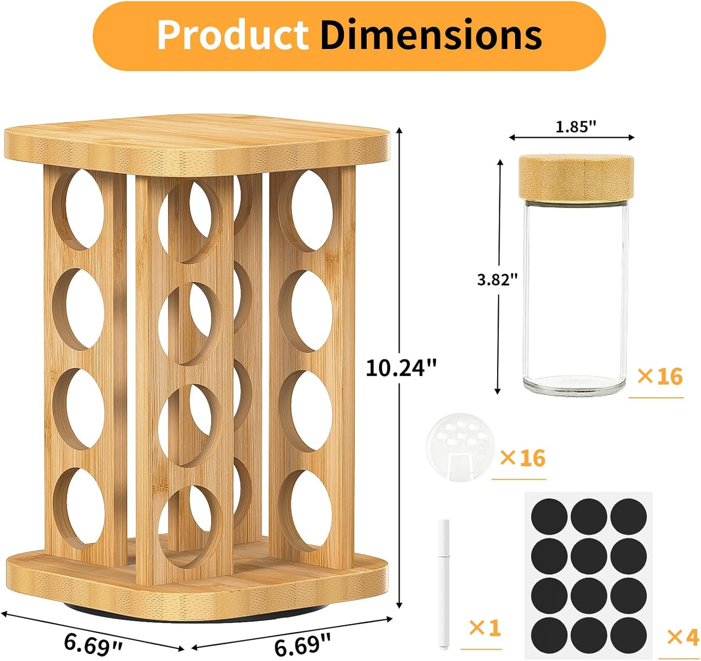 16-Jar Rotating Countertop Spice Rack Organizer,A Cabinet-Compatible Spice Rack Organizer,High-Aesthetic Wooden Countertop Tower Storage Box, Equipped With Reusable Diy Labels/Strainer/Marker