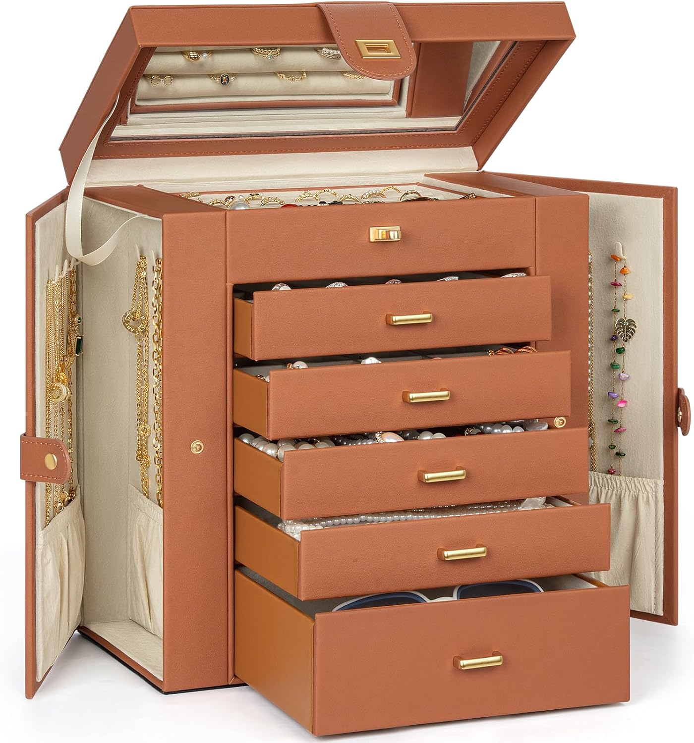 AKOZLIN Huge Jewelry Box Organizer Functional Lockable, Large Leather Jewelry Storage Case for Women Girls Ring Necklace Earring Bracelet Holder Organizer with Mirror