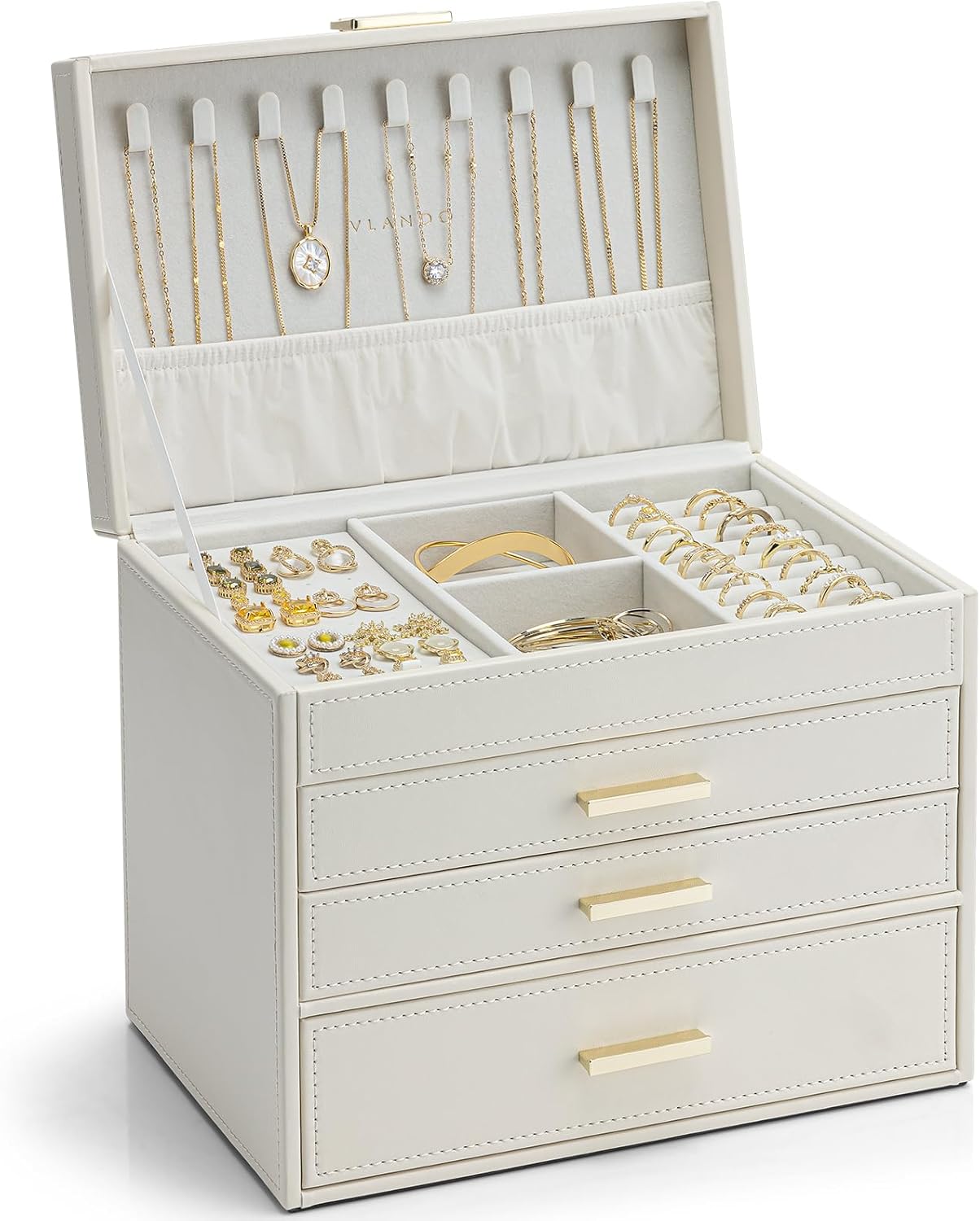 Vlando 6 Layer Large Jewelry Box - Jewelry Holder Organizer, Jewelry Box Organizer for Drawer Necklace Ring Bracelet and Watch, Birthday Gift for Loved Ones - Beige