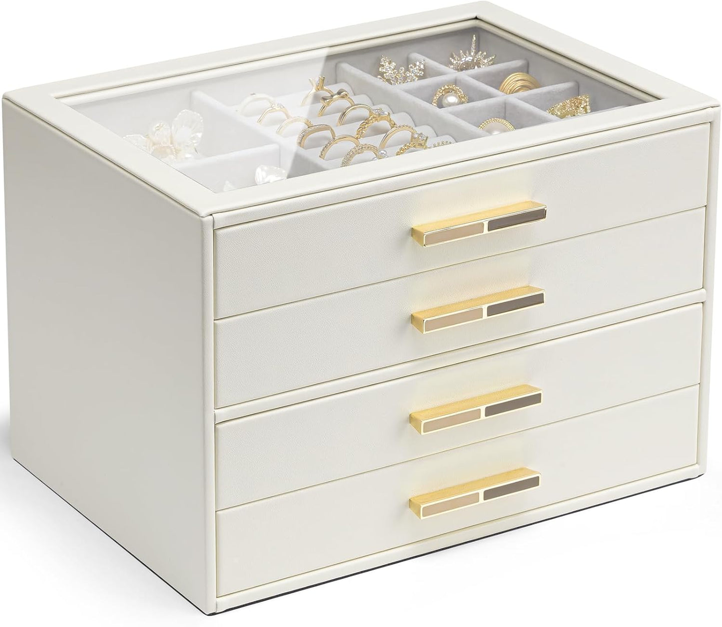 Vlando Jewelry Box for Women, Glass Lid Jewelry Organizer with 3 Drawers for Necklaces Rings Earrings Bracelets Mother Day Gift for Mom - Cloud White