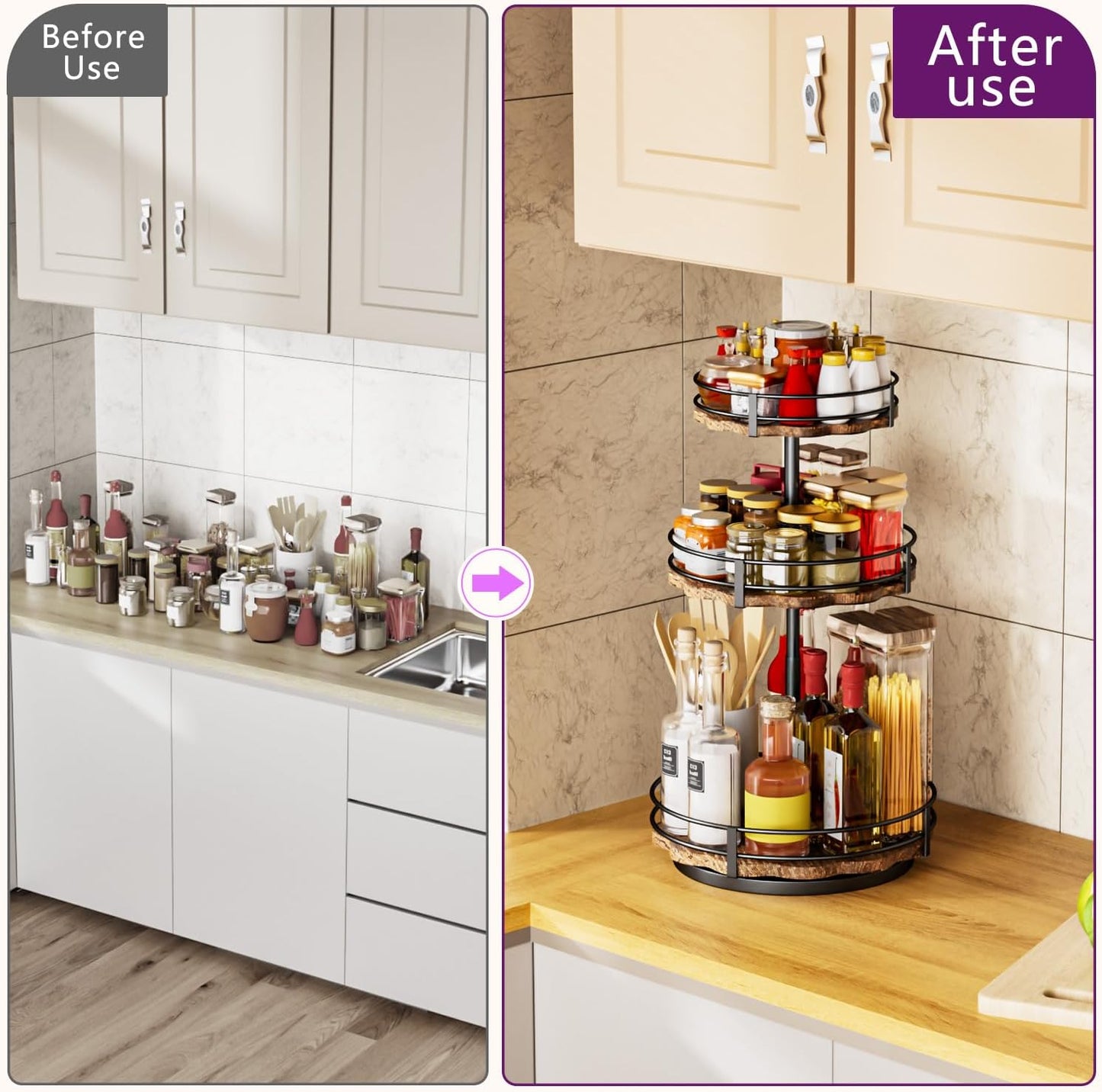 Heavy-Duty 3-Tier Lazy Susan Organizer, Adjustable to Different Heights, Countertop Spice Rack, Upgraded Thickened Wooden Board, Suitable for Seasoning Organizer, Kitchen Organization