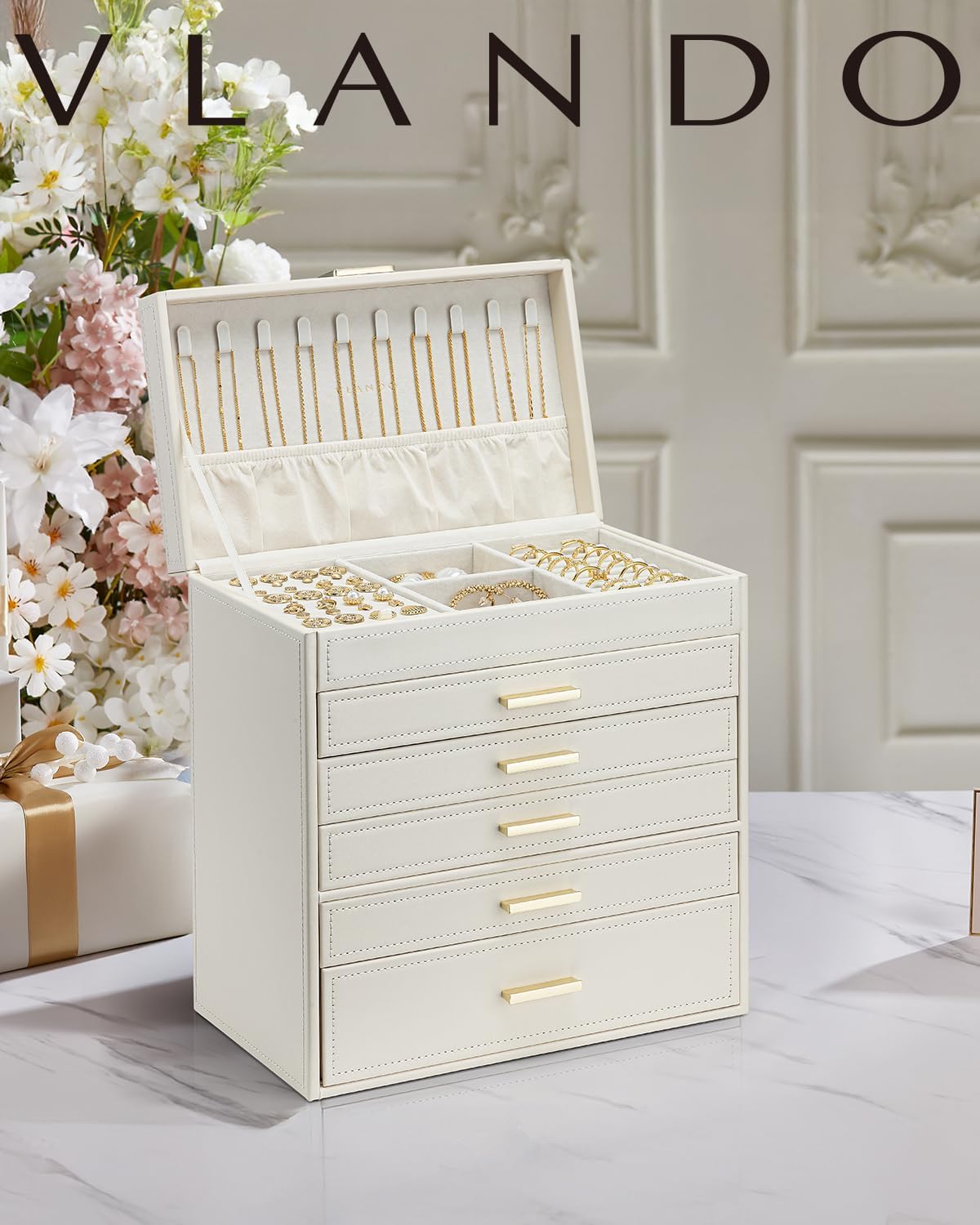 Vlando 6 Layer Large Jewelry Box - Jewelry Holder Organizer, Jewelry Box Organizer for Drawer Necklace Ring Bracelet and Watch, Birthday Gift for Loved Ones - Beige