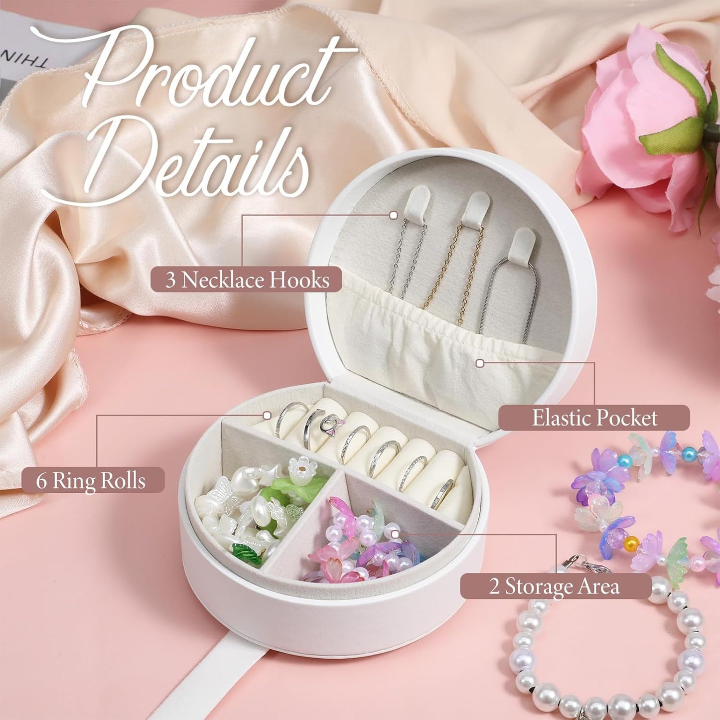 8 Pack Travel Jewelry Case, Bridesmaid Gift Boxes, Portable Mini Jewelrys Holder, Small Round Jewelry Box, PU Leather Small Earring Storage Organizer(White)