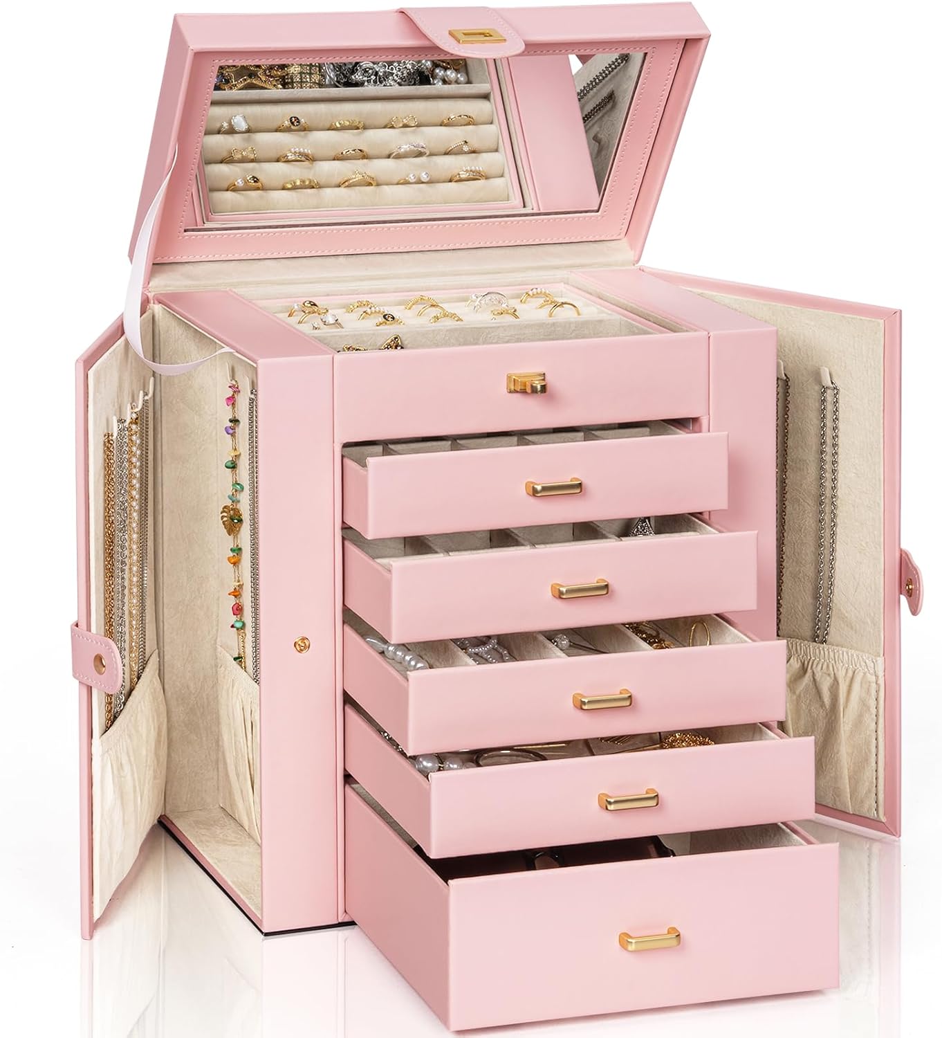 AKOZLIN Huge Jewelry Box Organizer Functional Lockable, Large Leather Jewelry Storage Case for Women Girls Ring Necklace Earring Bracelet Holder Organizer with Mirror