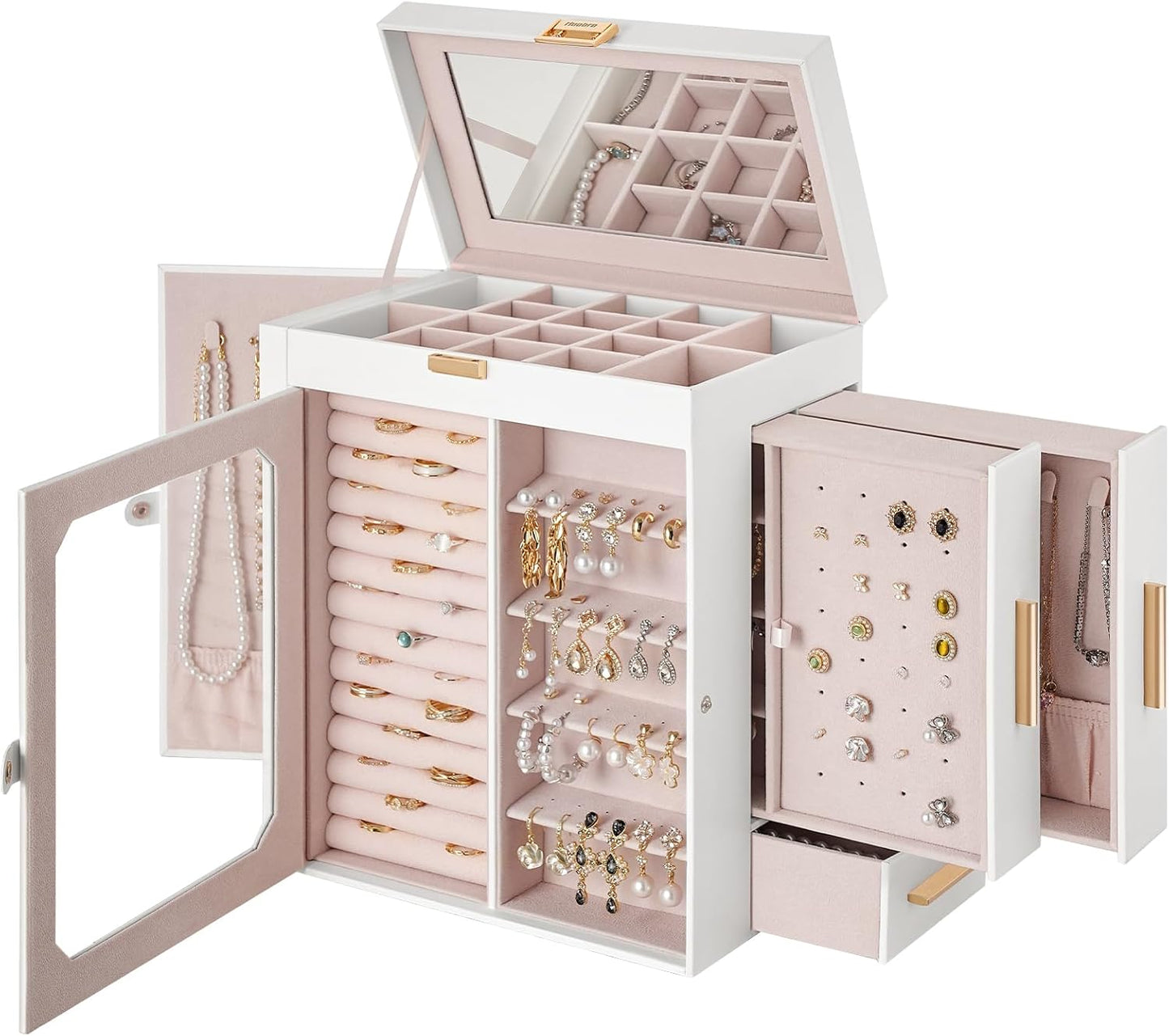 HOOBRO Jewelry Box with Mirror, Travel Jewelry Organizer with Glass Window, Vertical Storage, Christmas Gift, Gift for Loved Ones, for Earrings, Rings, Necklaces, Bracelets, Black BK03JB04G2