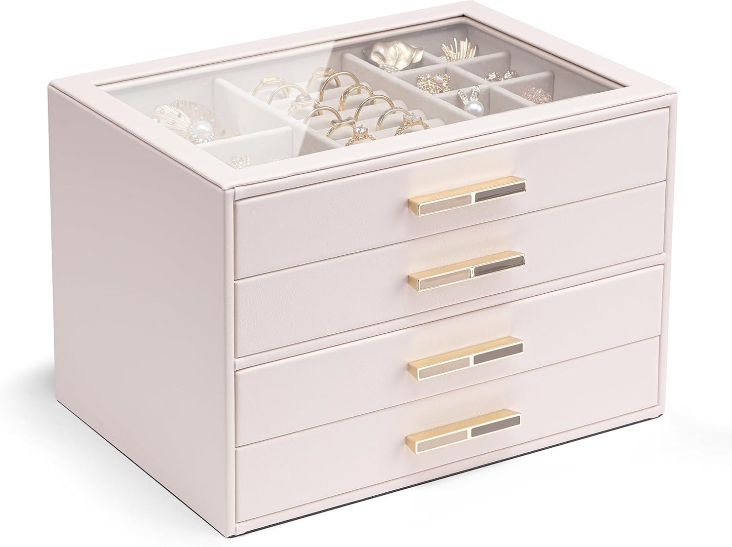 Vlando Jewelry Box for Women, Glass Lid Jewelry Organizer with 3 Drawers for Necklaces Rings Earrings Bracelets Mother Day Gift for Mom - Cloud White