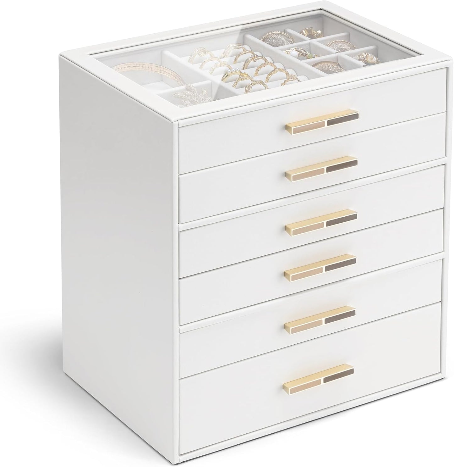 Vlando Jewelry Box for Women, Glass Lid Jewelry Organizer with 3 Drawers for Necklaces Rings Earrings Bracelets Mother Day Gift for Mom - Cloud White