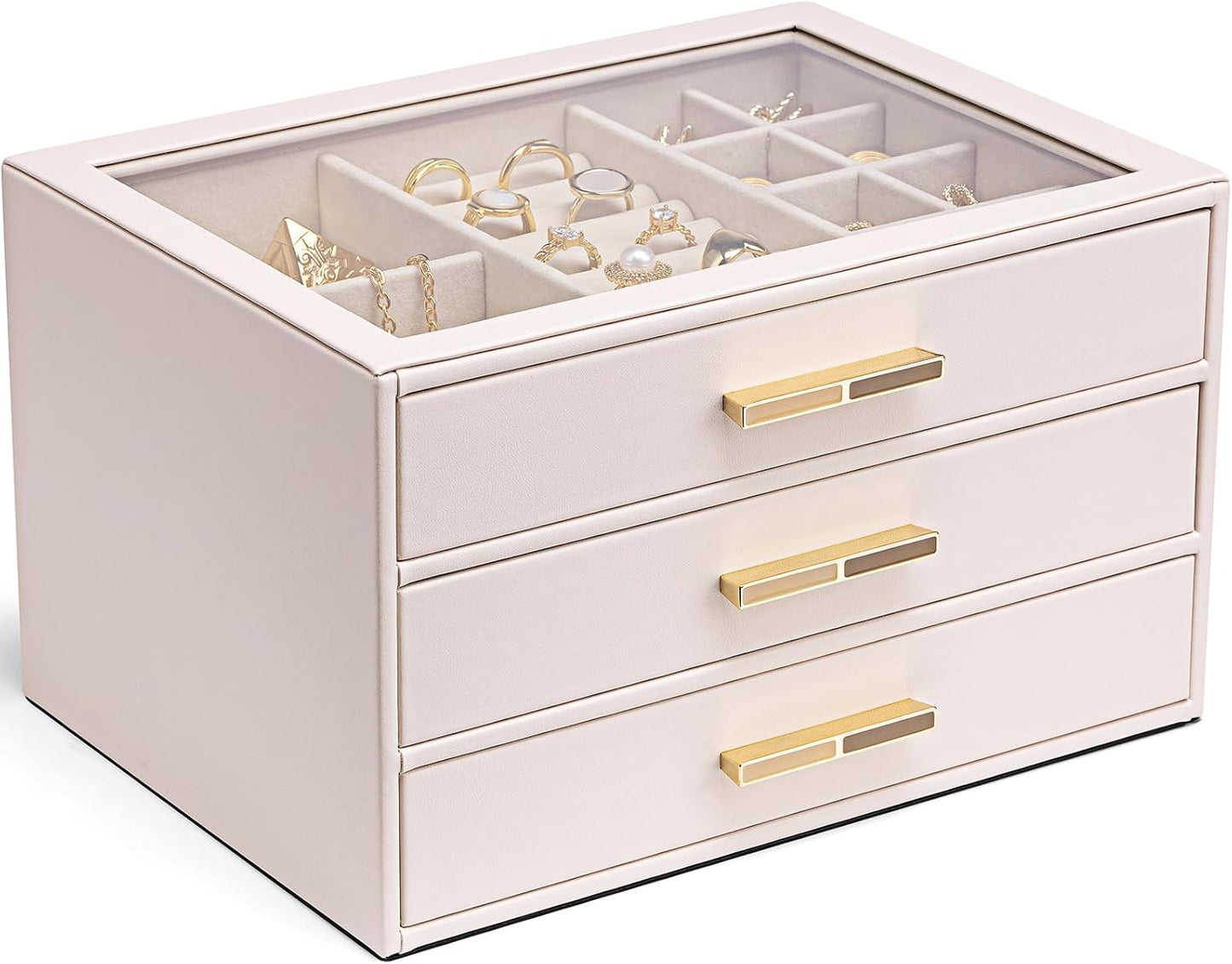 Vlando Jewelry Box for Women, Glass Lid Jewelry Organizer with 3 Drawers for Necklaces Rings Earrings Bracelets Mother Day Gift for Mom - Cloud White