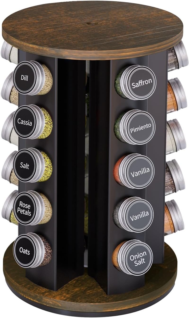 New England Stories Revolving Spice Rack Set with 20 Spice Jars, Kitchen Spice Tower Organizer for Countertop or Cabinet - Carousel Storage Includes 386 Spice Labels (Bamboo)