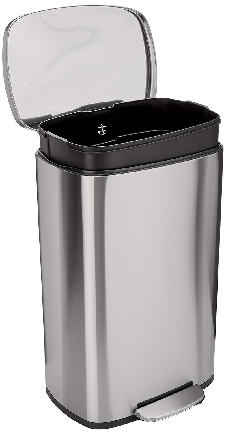 Amazon Basics Smudge Resistant Rectangular Trash Can With Soft-Close Foot Pedal, Brushed Stainless Steel, 30 litre/7.9 Gallon, Satin Nickel Finish, 13.8"L x 11.8"W x 25"H