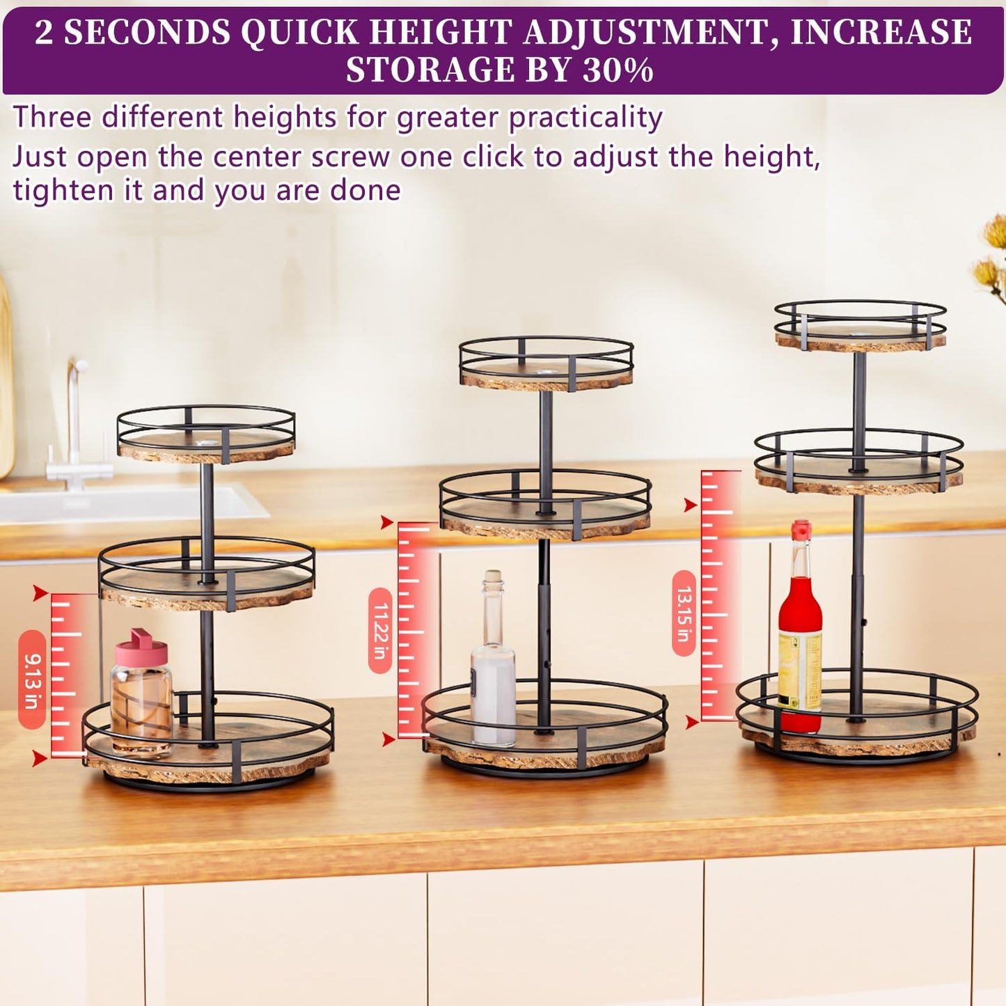 Heavy-Duty 3-Tier Lazy Susan Organizer, Adjustable to Different Heights, Countertop Spice Rack, Upgraded Thickened Wooden Board, Suitable for Seasoning Organizer, Kitchen Organization