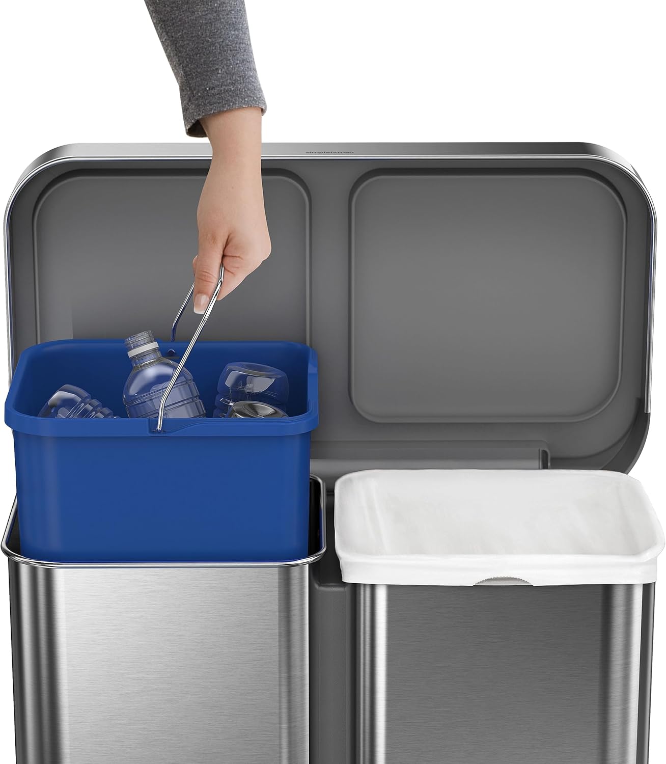 simplehuman 58 Liter / 15.3 Gallon Rectangular Dual Compartment Recycling Step, Brushed Stainless Steel with Soft-Close Plastic Lid Kitchen Trash Can