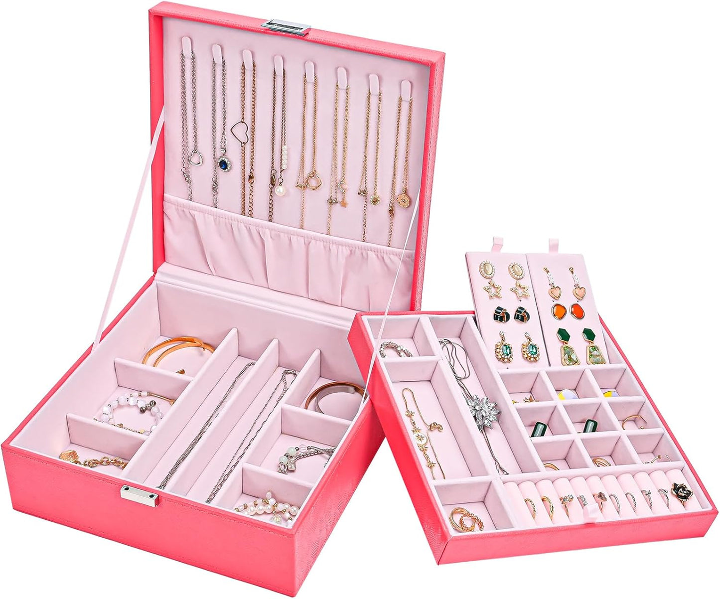 ProCase Jewelry Box for Women, 2 Layers Large Leather Jewelry Organizer Storage Case with Removable Pad for Earrings -Black