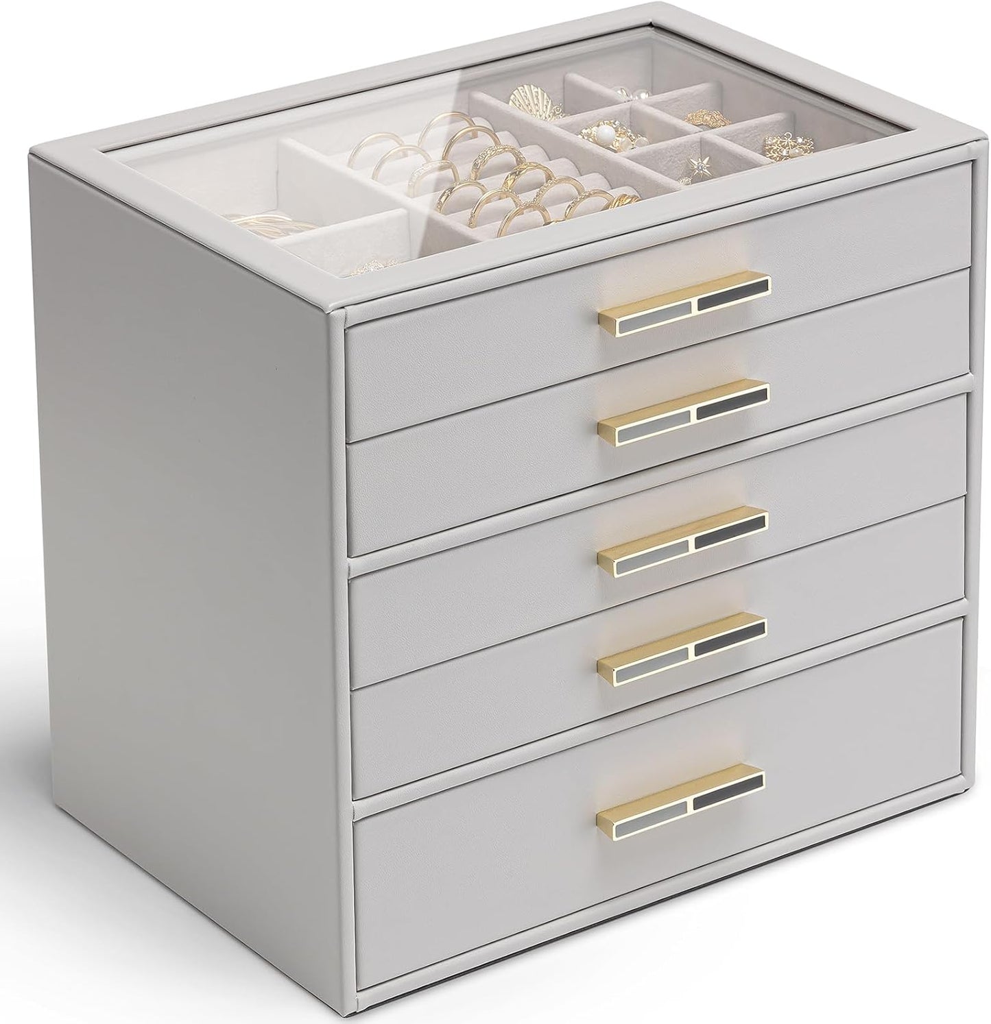 Vlando Jewelry Box for Women, Glass Lid Jewelry Organizer with 3 Drawers for Necklaces Rings Earrings Bracelets Mother Day Gift for Mom - Cloud White