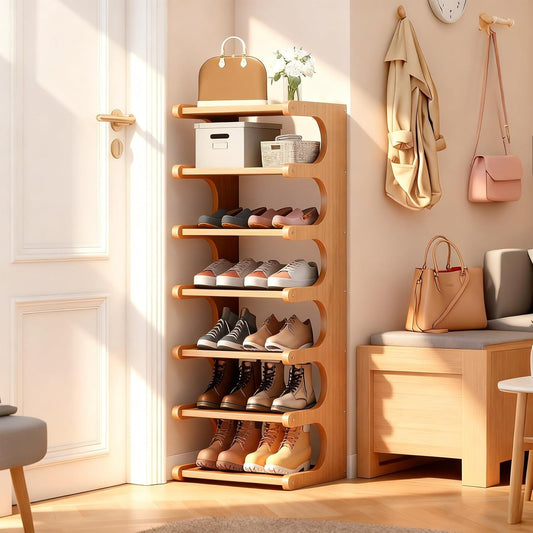7-Tier Vertical Shoe Rack, Bamboo Free Standing Shoe Rack Shelf, Shoe Storage Stand, Entryway Shoe Tower, Vertical Shoe Organizer for Narrow Closet, Entryway, Hallway