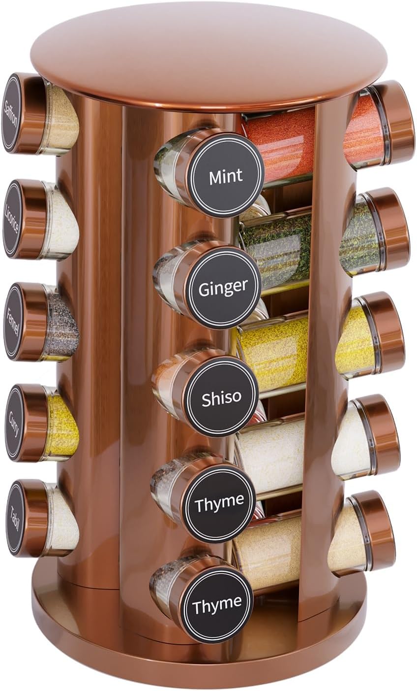 New England Stories Revolving Spice Rack Set with 20 Spice Jars, Kitchen Spice Tower Organizer for Countertop or Cabinet - Carousel Storage Includes 386 Spice Labels (Bamboo)