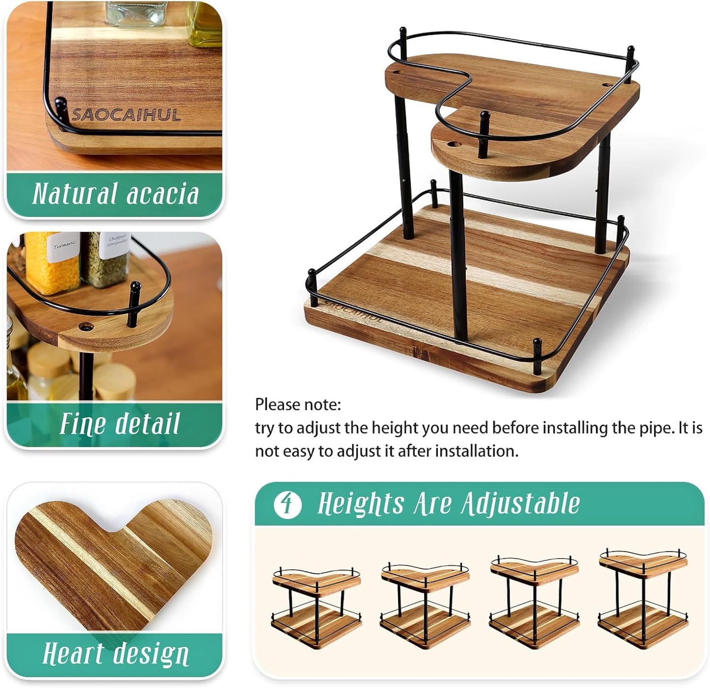 Acacia Wooden Spice Rack Organizer Lazy Susans Rotating Countertop 2 Tiered Display Shelf Kitchen Adjustable Height Spinning Spice Rack 11.8INCH Large Capacity