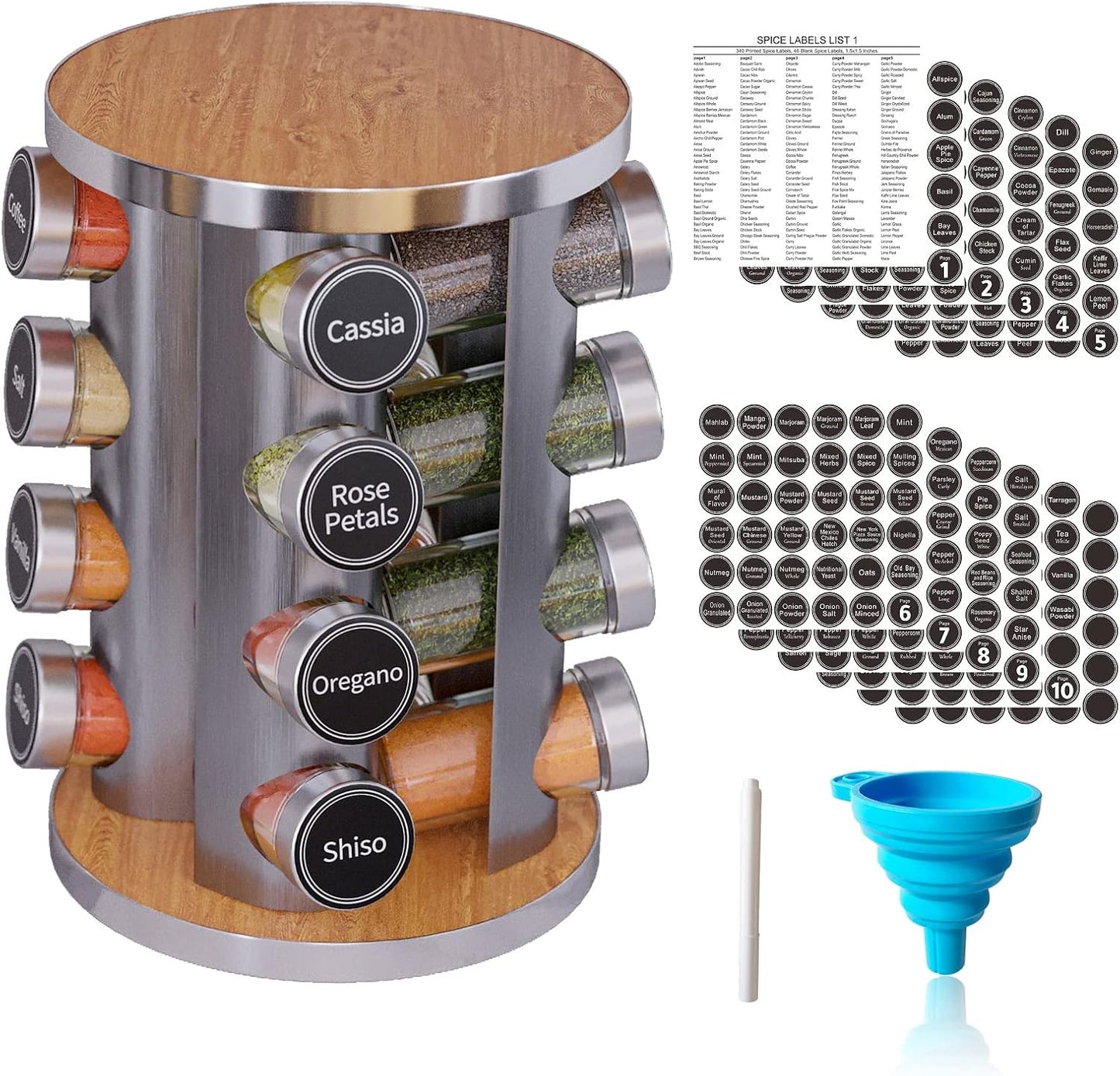 New England Stories Revolving Spice Rack Set with 20 Spice Jars, Kitchen Spice Tower Organizer for Countertop or Cabinet - Carousel Storage Includes 386 Spice Labels (Bamboo)
