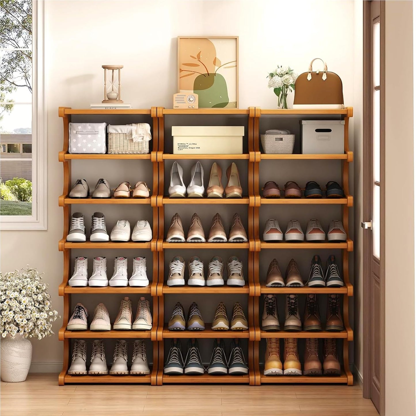 7-Tier Vertical Shoe Rack, Bamboo Free Standing Shoe Rack Shelf, Shoe Storage Stand, Entryway Shoe Tower, Vertical Shoe Organizer for Narrow Closet, Entryway, Hallway