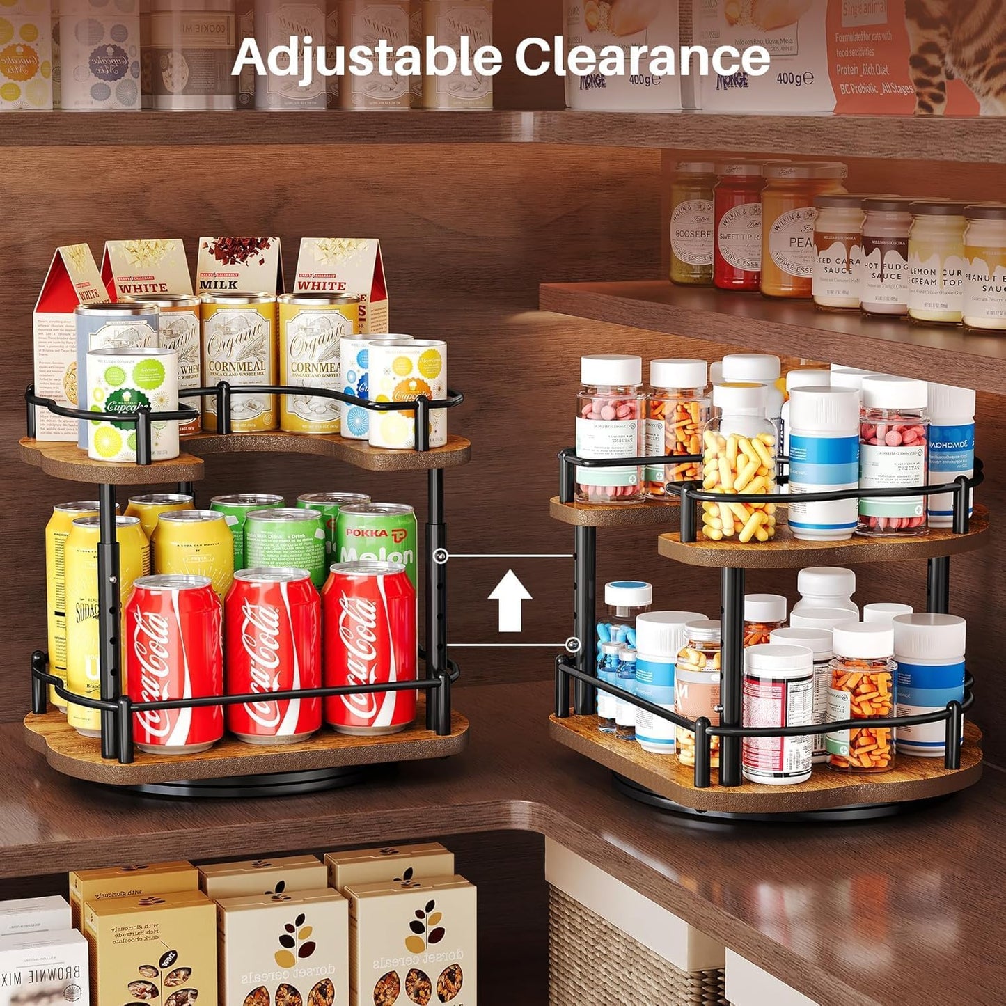 Spice Rack Organizer for Cabinet - Height Adjustable Rotating Lazy Susan, Wooden Spice Organization for Tabletop, Pantry, or Kitchen Counter, Fits Cabinets Over 11" Wide and 10.3" High