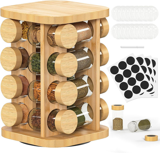 16-Jar Rotating Countertop Spice Rack Organizer,A Cabinet-Compatible Spice Rack Organizer,High-Aesthetic Wooden Countertop Tower Storage Box, Equipped With Reusable Diy Labels/Strainer/Marker
